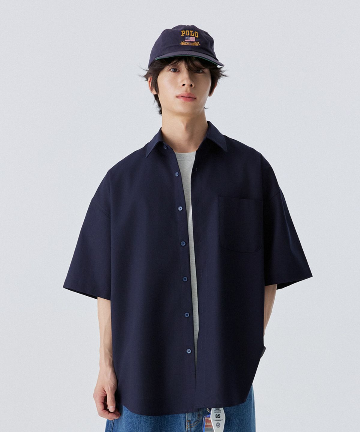 스탠즈(STENDS) [M~4XL] 올데이 린넨 오버핏 반팔 셔츠_네이비