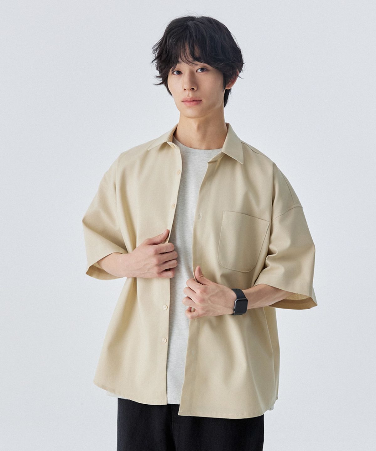 스탠즈(STENDS) [M~4XL] 올데이 린넨 오버핏 반팔 셔츠_베이지