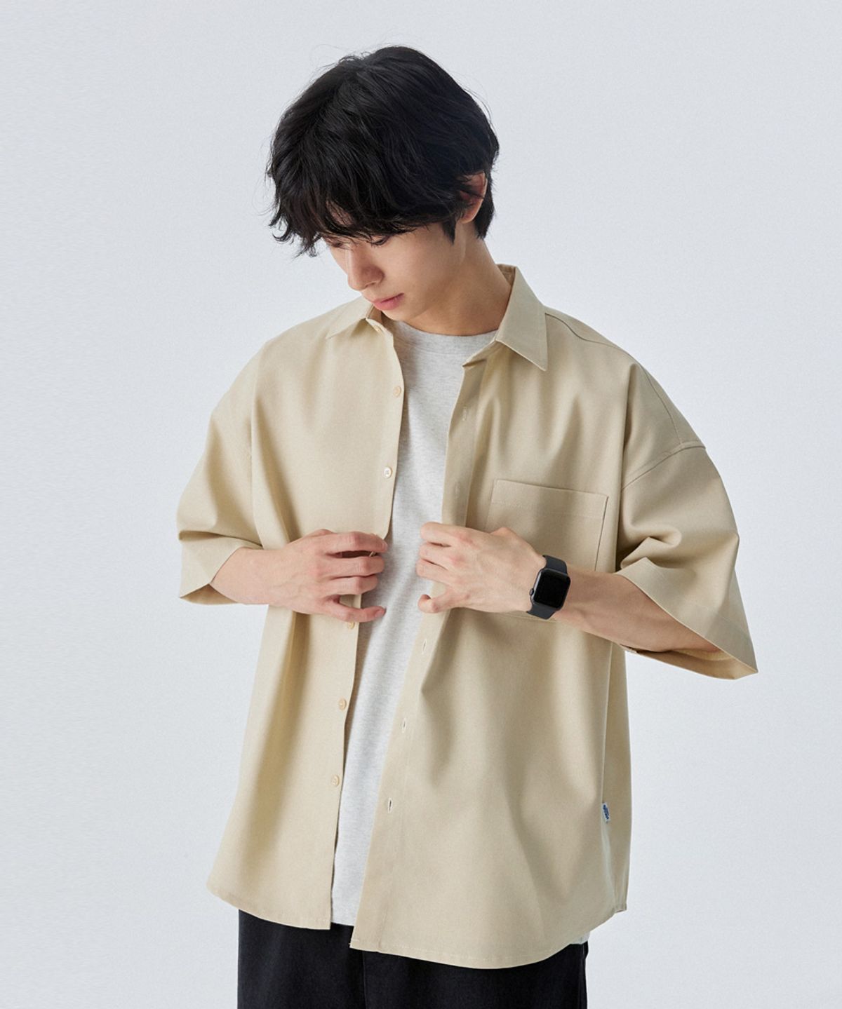 스탠즈(STENDS) [M~4XL] 올데이 린넨 오버핏 반팔 셔츠_베이지