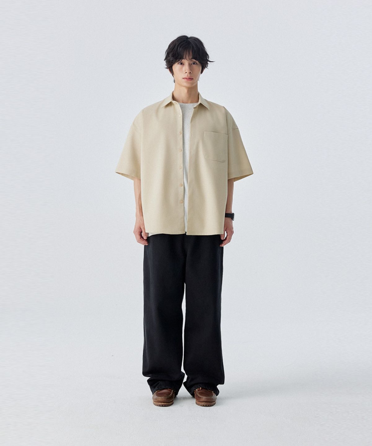 스탠즈(STENDS) [M~4XL] 올데이 린넨 오버핏 반팔 셔츠_베이지
