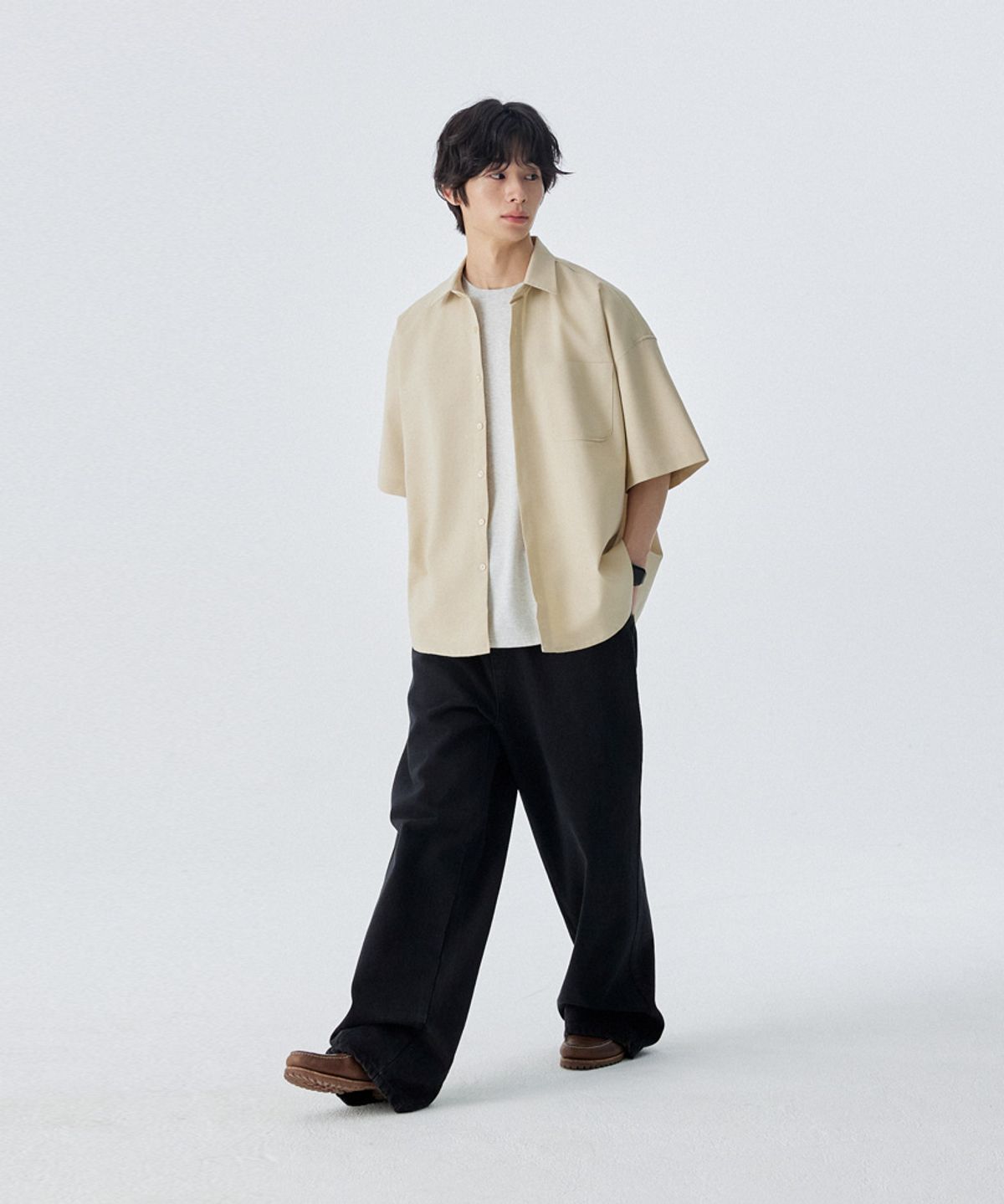 스탠즈(STENDS) [M~4XL] 올데이 린넨 오버핏 반팔 셔츠_베이지