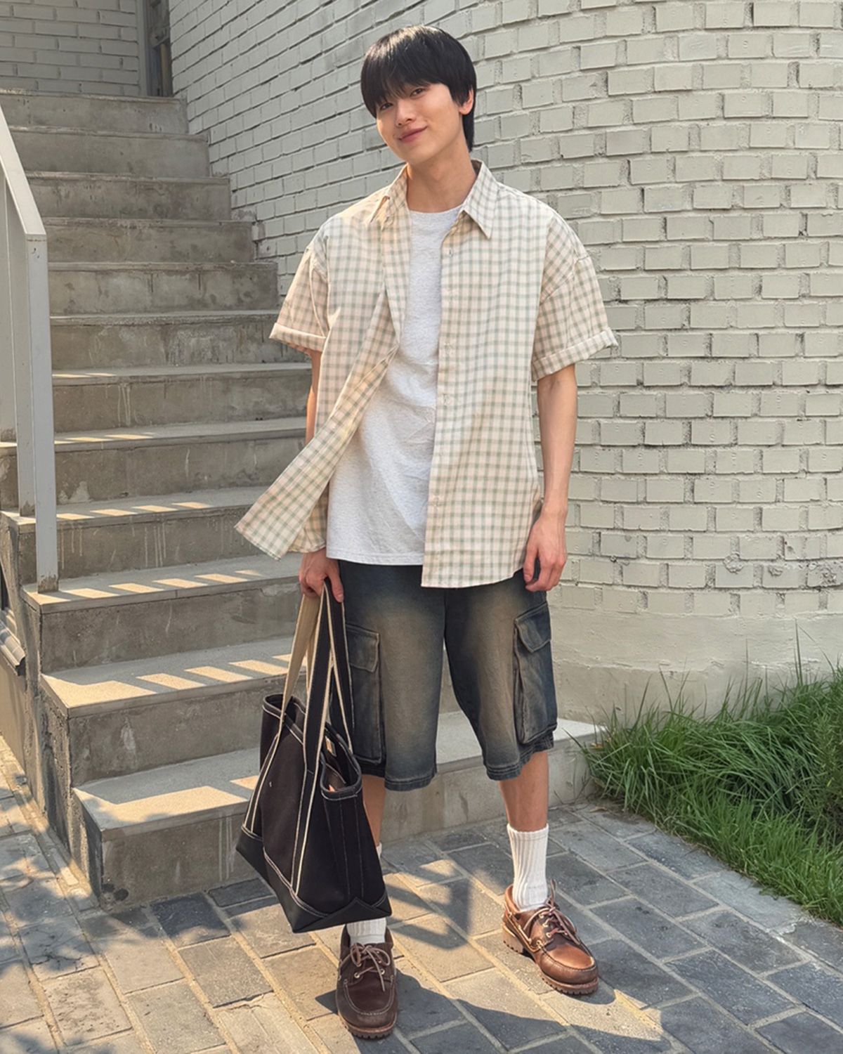 스탠즈(STENDS) [M~4XL] 올데이 체크 오버핏 반팔 셔츠_ST02 핑크