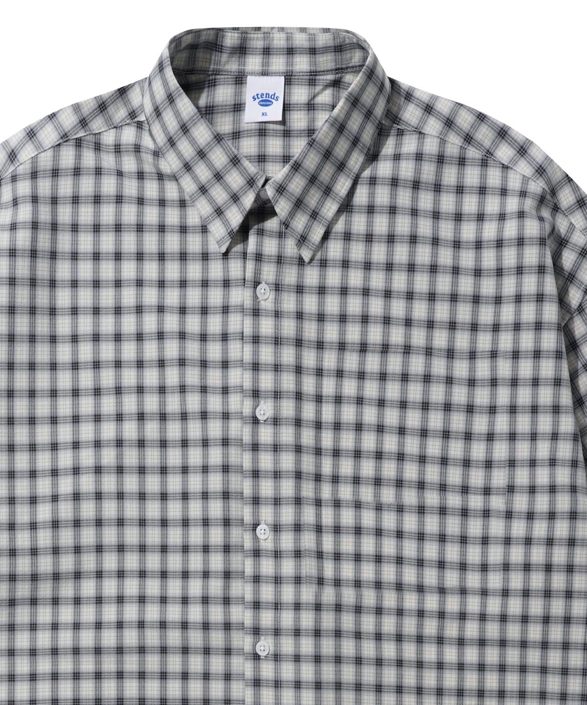 스탠즈(STENDS) [M~4XL] 올데이 체크 오버핏 반팔 셔츠_ST03 블랙