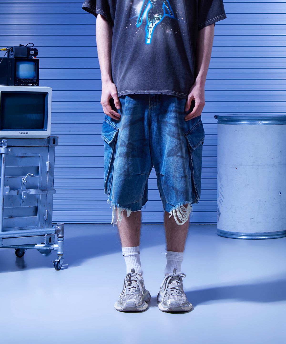 도미넌트(DOMINANT) Dirty wide bermuda pants_Denim blue