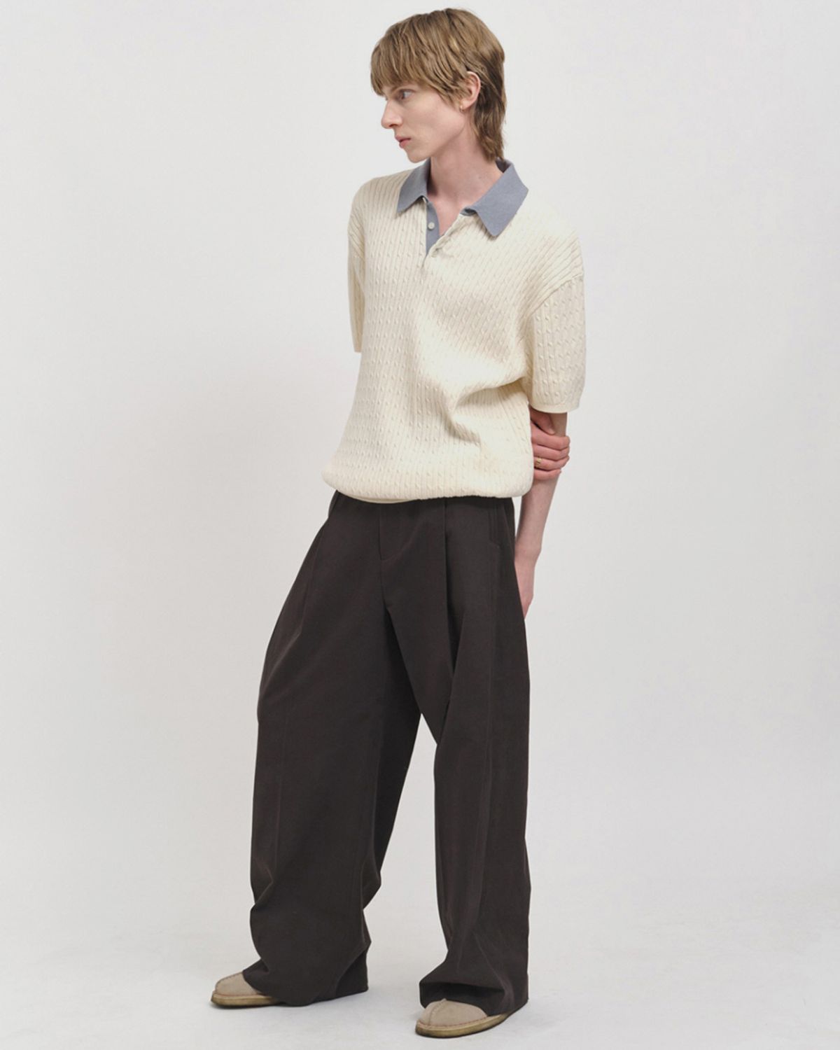 포커페이스(POKERFACE) CABLE RUGBY HALF SLEEVE KNIT IVORY/SODA
