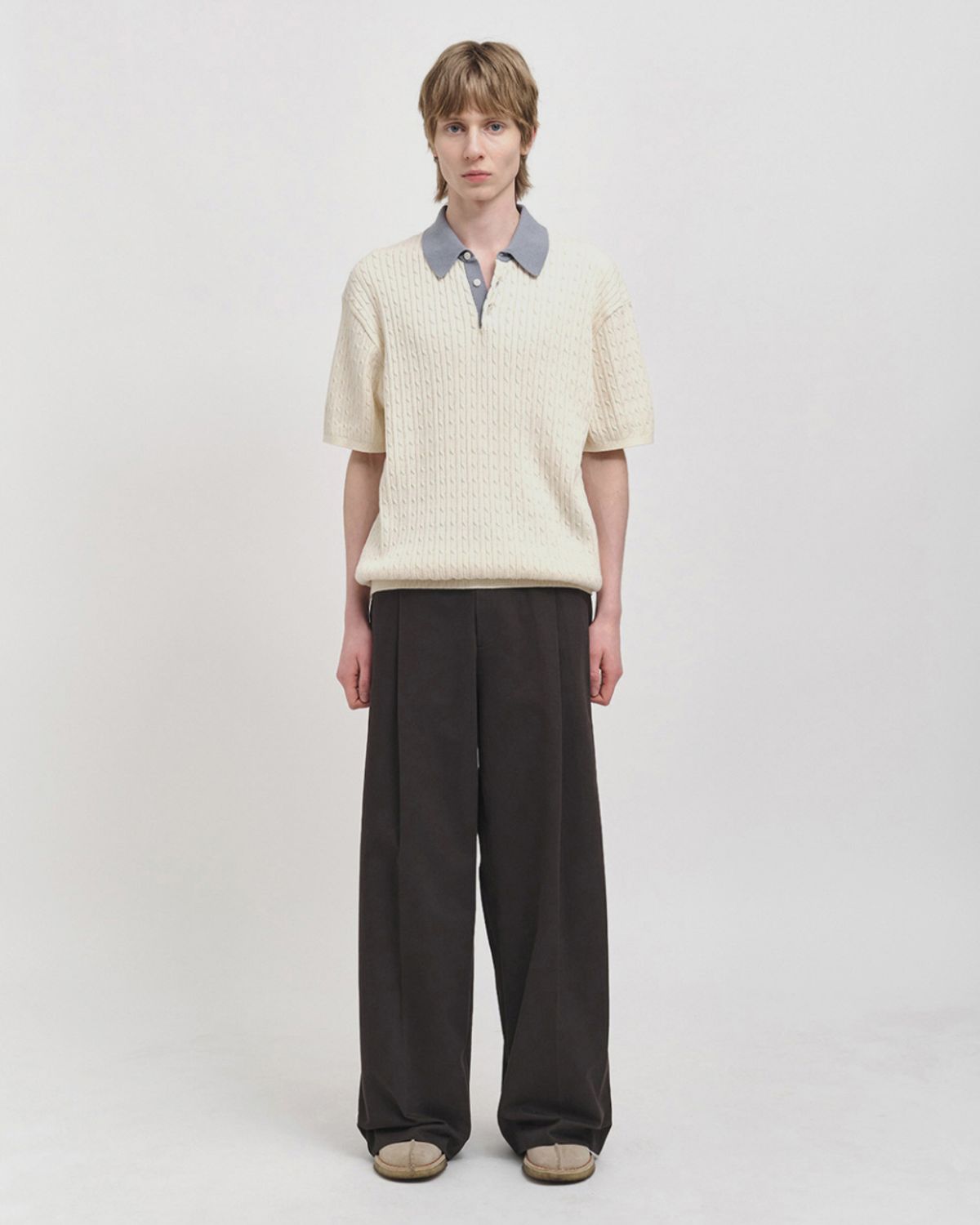 포커페이스(POKERFACE) CABLE RUGBY HALF SLEEVE KNIT IVORY/SODA