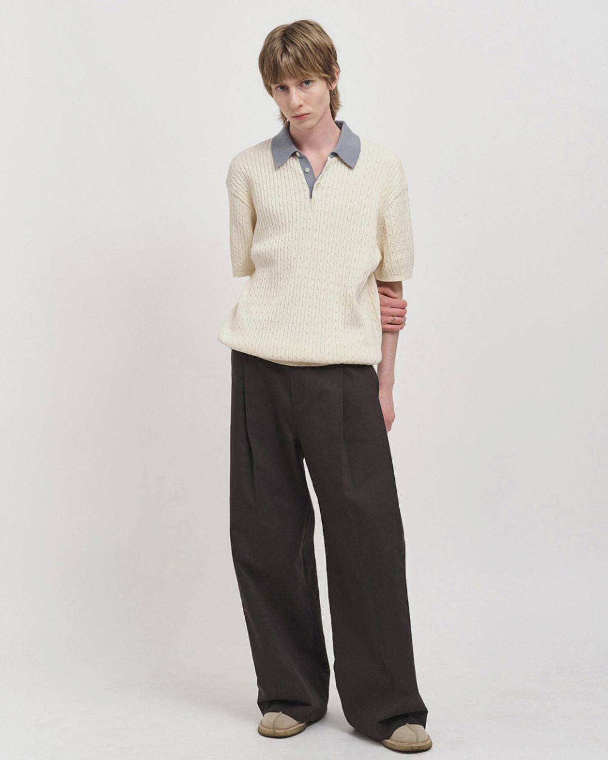 포커페이스(POKERFACE) CABLE RUGBY HALF SLEEVE KNIT IVORY/SODA