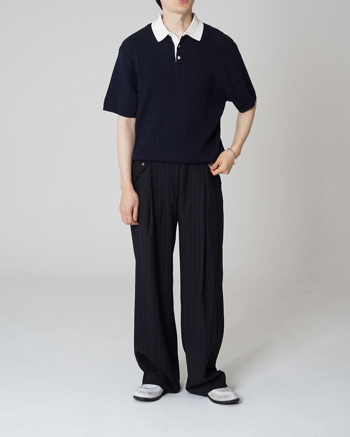 포커페이스(POKERFACE) CABLE RUGBY HALF SLEEVE KNIT NAVY