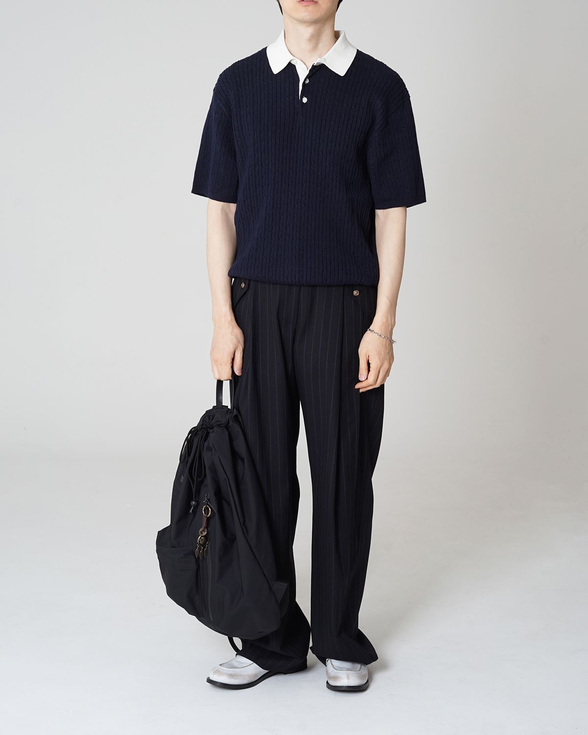 포커페이스(POKERFACE) CABLE RUGBY HALF SLEEVE KNIT NAVY