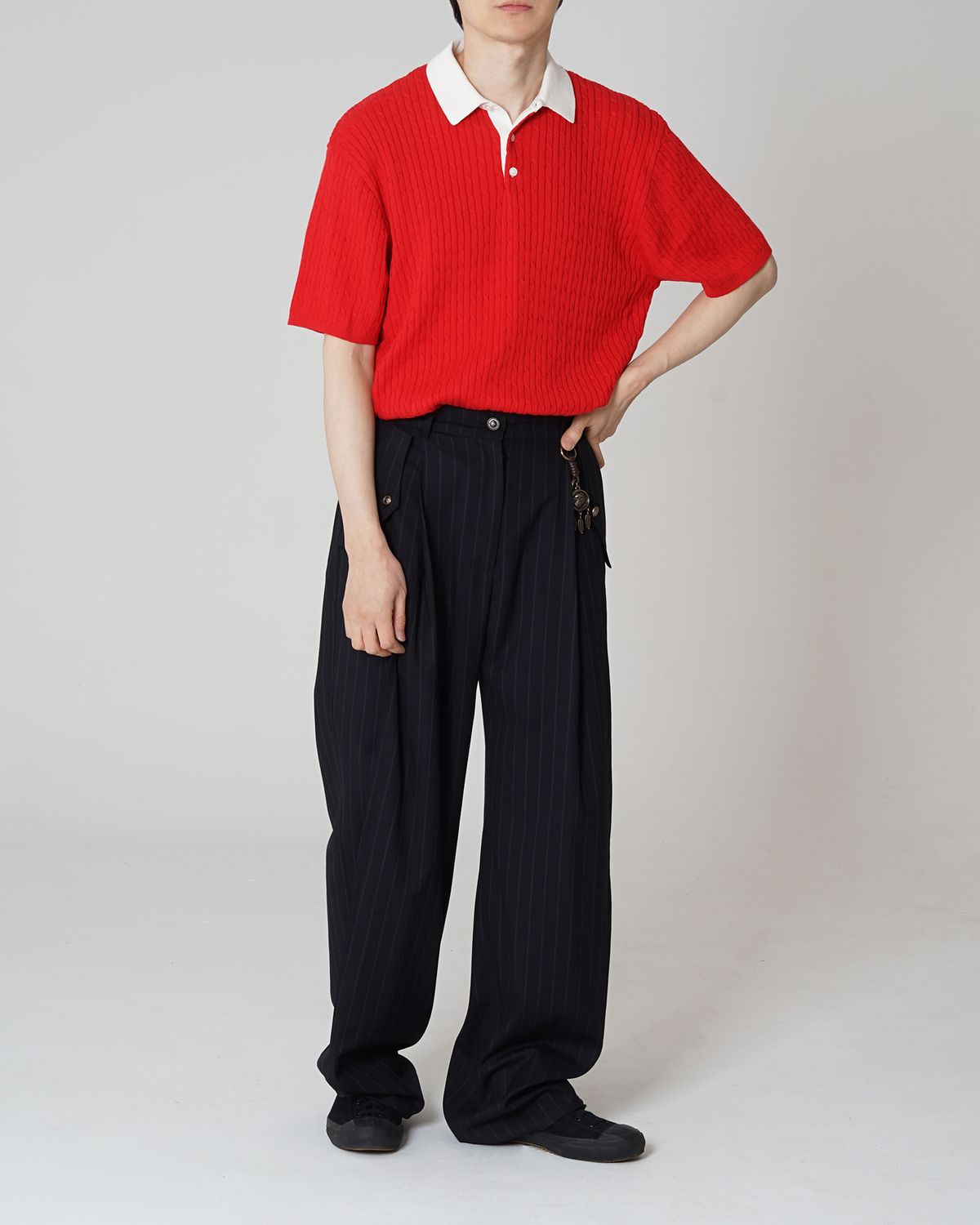 포커페이스(POKERFACE) CABLE RUGBY HALF SLEEVE KNIT RED