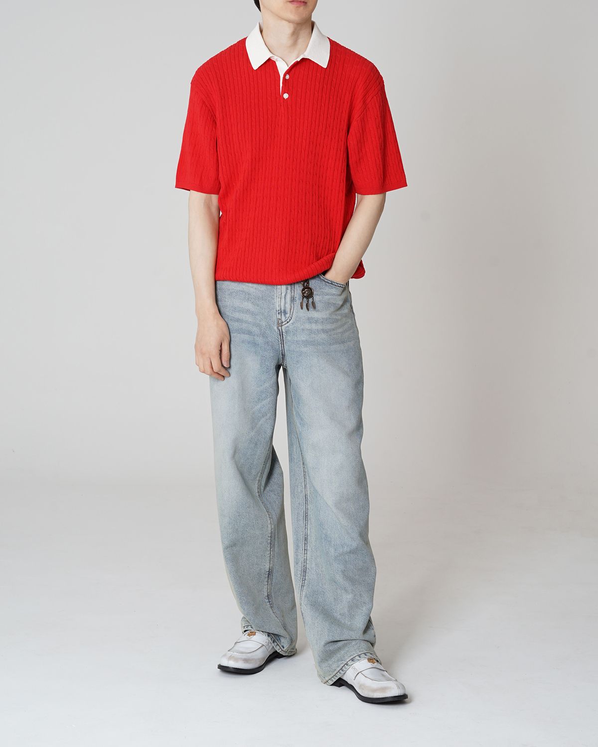 포커페이스(POKERFACE) CABLE RUGBY HALF SLEEVE KNIT RED