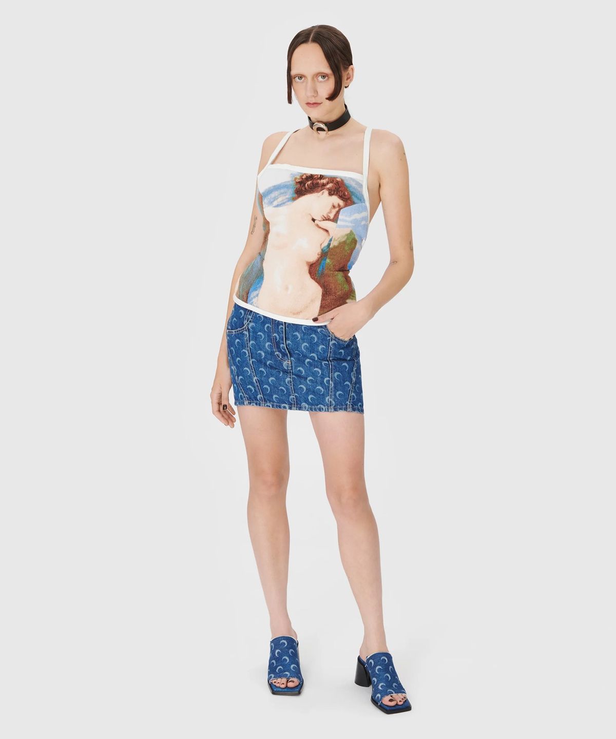 마린 세르(MARINE SERRE) (W) 리제네레이티드 데님 미니 스커트 네이비 REGENERATED DENIM MINI SKIRT NAVY