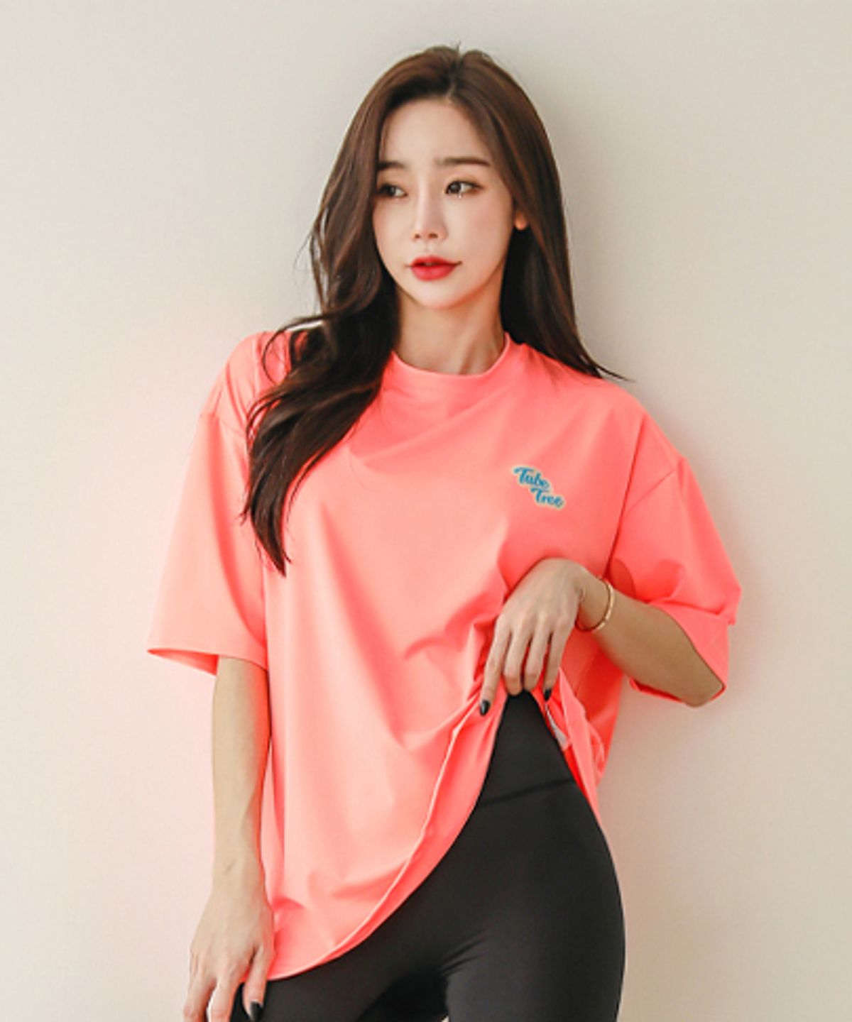 튜브트리(TUBE TREE) 여성용 베이직 루즈핏 반팔 래쉬가드 B604 피치