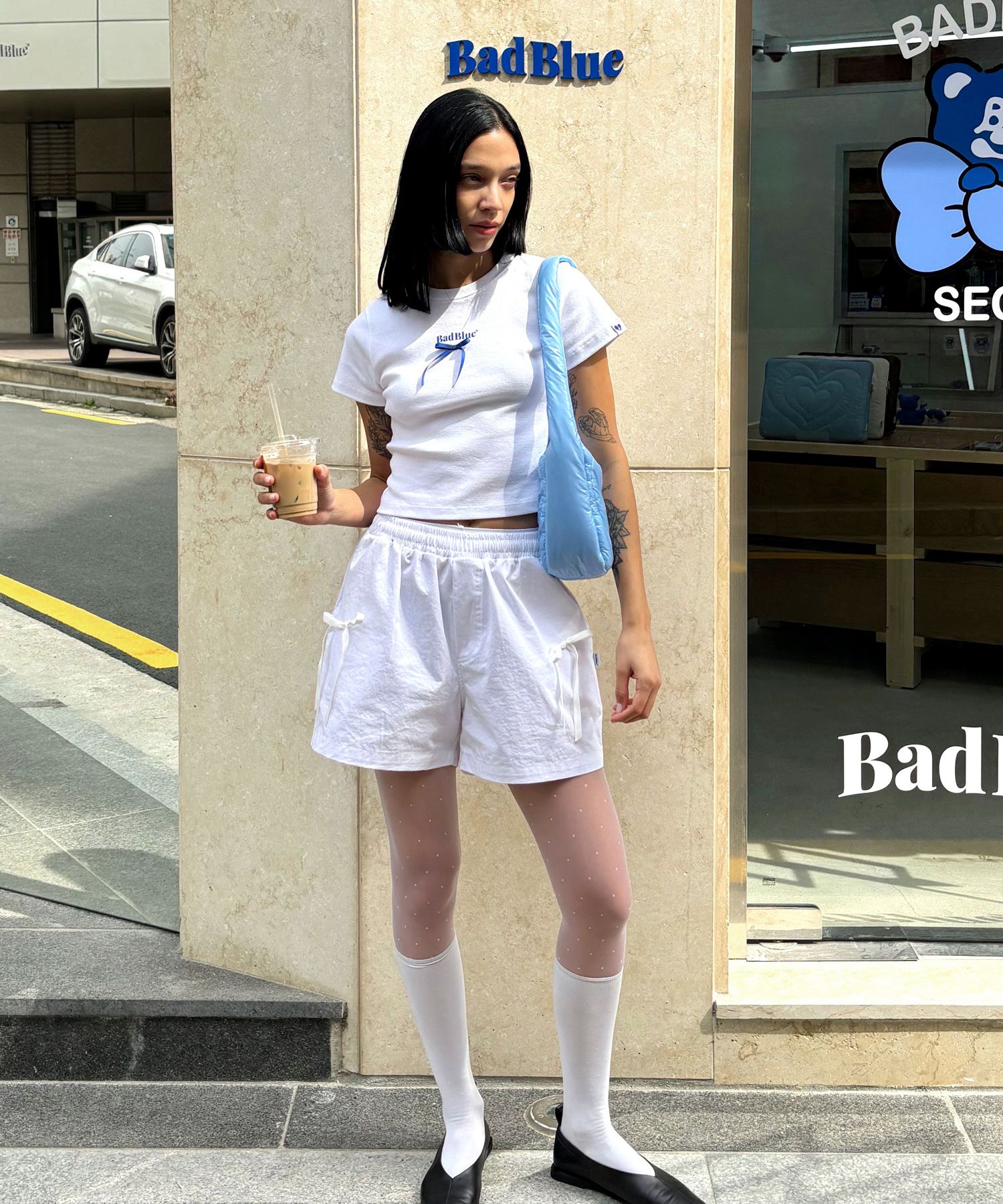 【BAD BLUE】Ribbon Logo Slim Tee★韓国人気★リボン 韓国BAD BLUE バッドブルー】Ribbon Logo Slim Tee (Bad Blue/T
