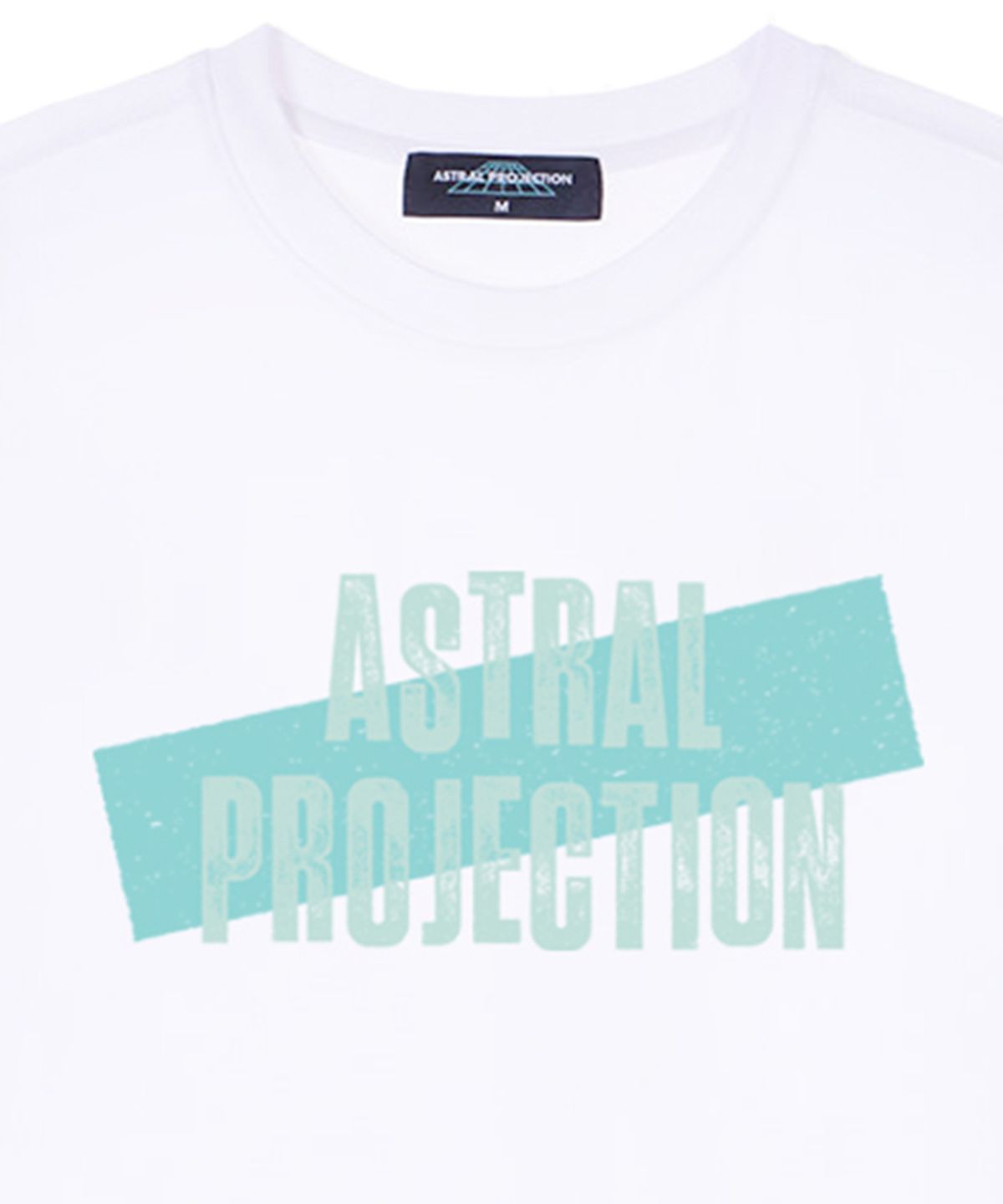 아스트랄 프로젝션(ASTRAL PROJECTION) 빈티지 레터링 테잎 수피마 코튼 라운드 넥 반팔 티셔츠_화이트