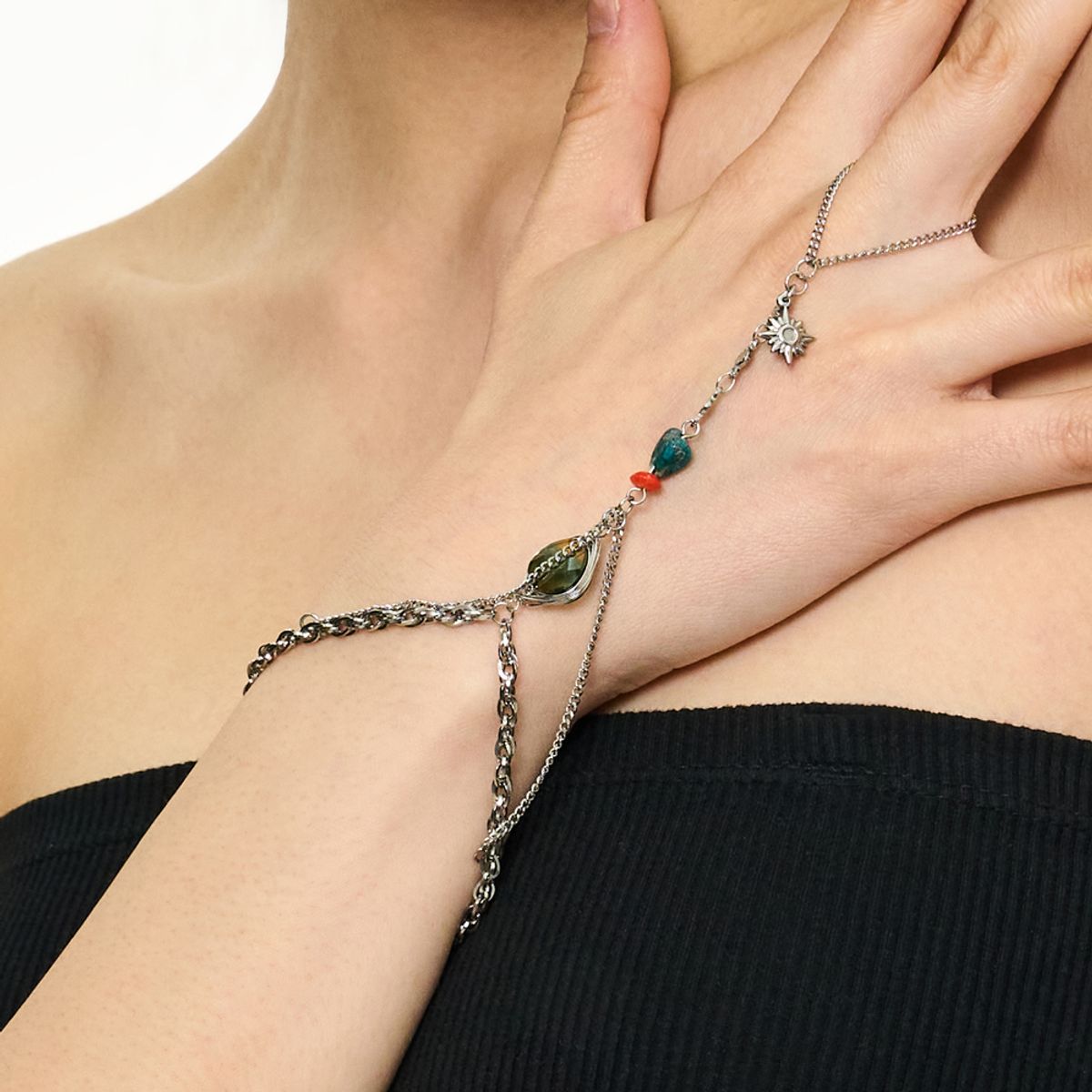 킴지수(KIMZISU) Chain Link Ring Bracelet - Green Stone _ GREEN