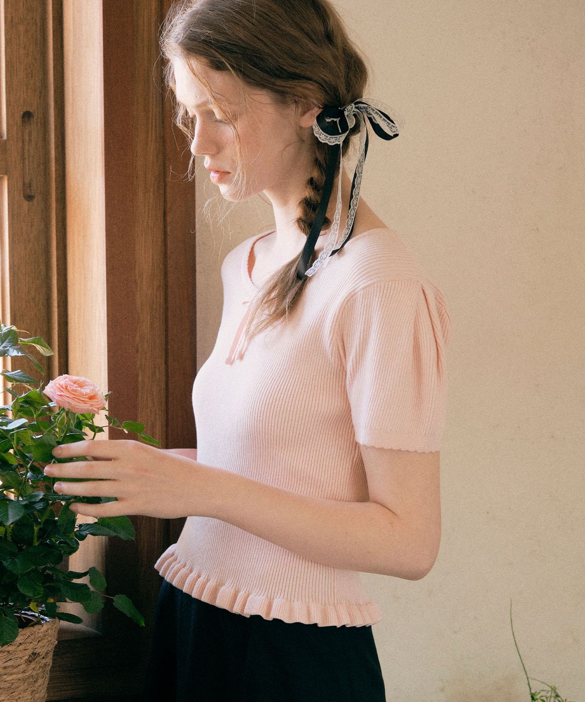 로라로라(ROLAROLA) FRILL RIBBON KNIT PINK