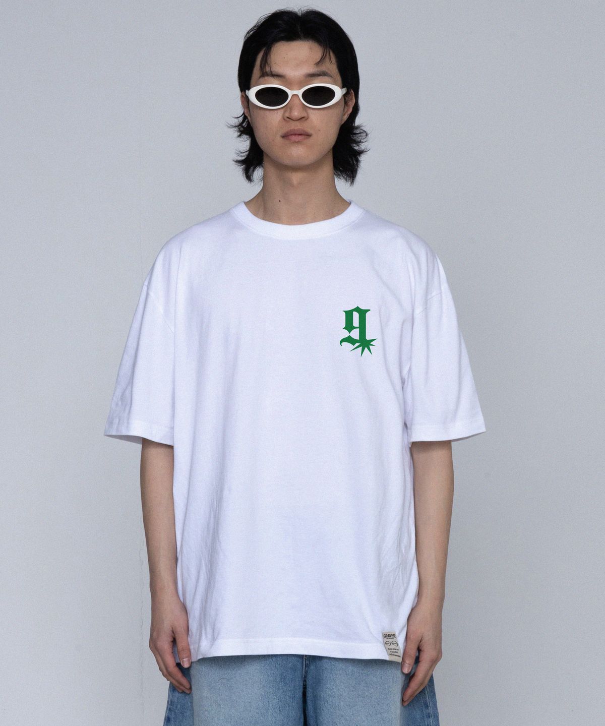 그레이버(GRAVER) [UNISEX]g star 로고 반팔티_화이트/그린 로고