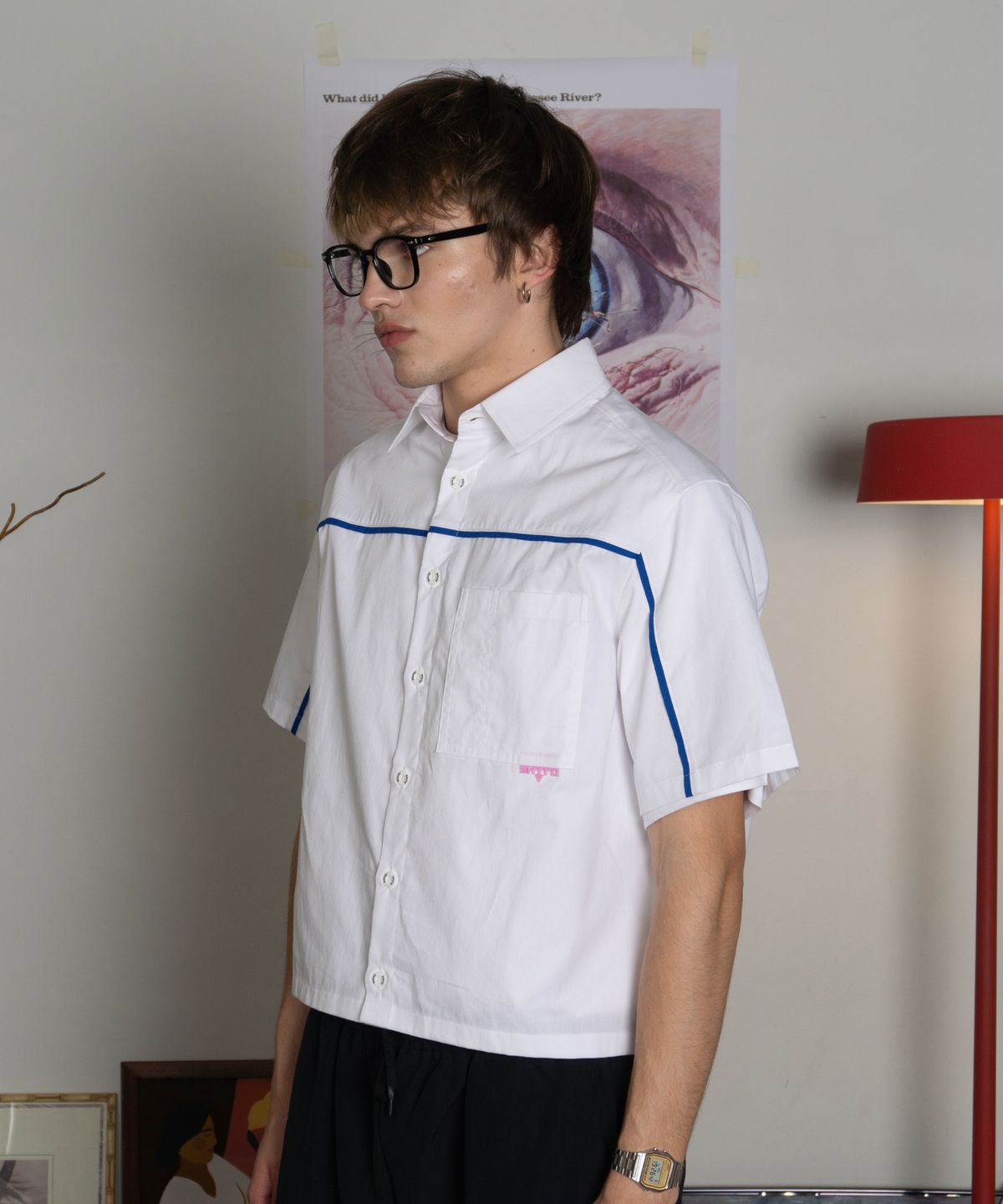 슈브토(SHVTO) Blue line crop shirt white