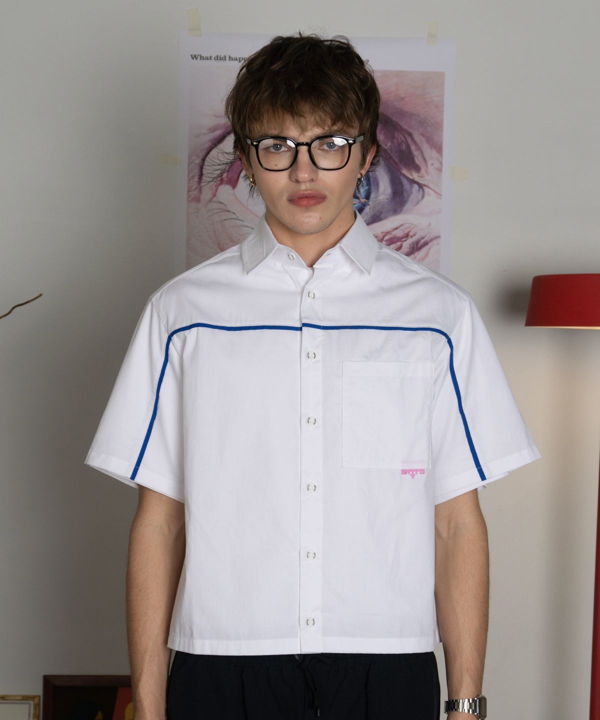슈브토(SHVTO) Blue line crop shirt white
