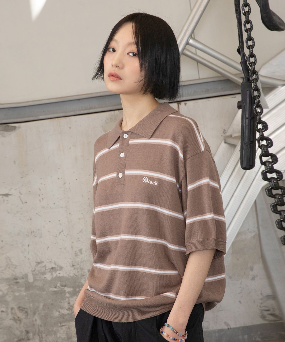 글랙(GLACK) GNT016 몹스터 스트라이프 카라 니트 (KHAKI BEIGE)