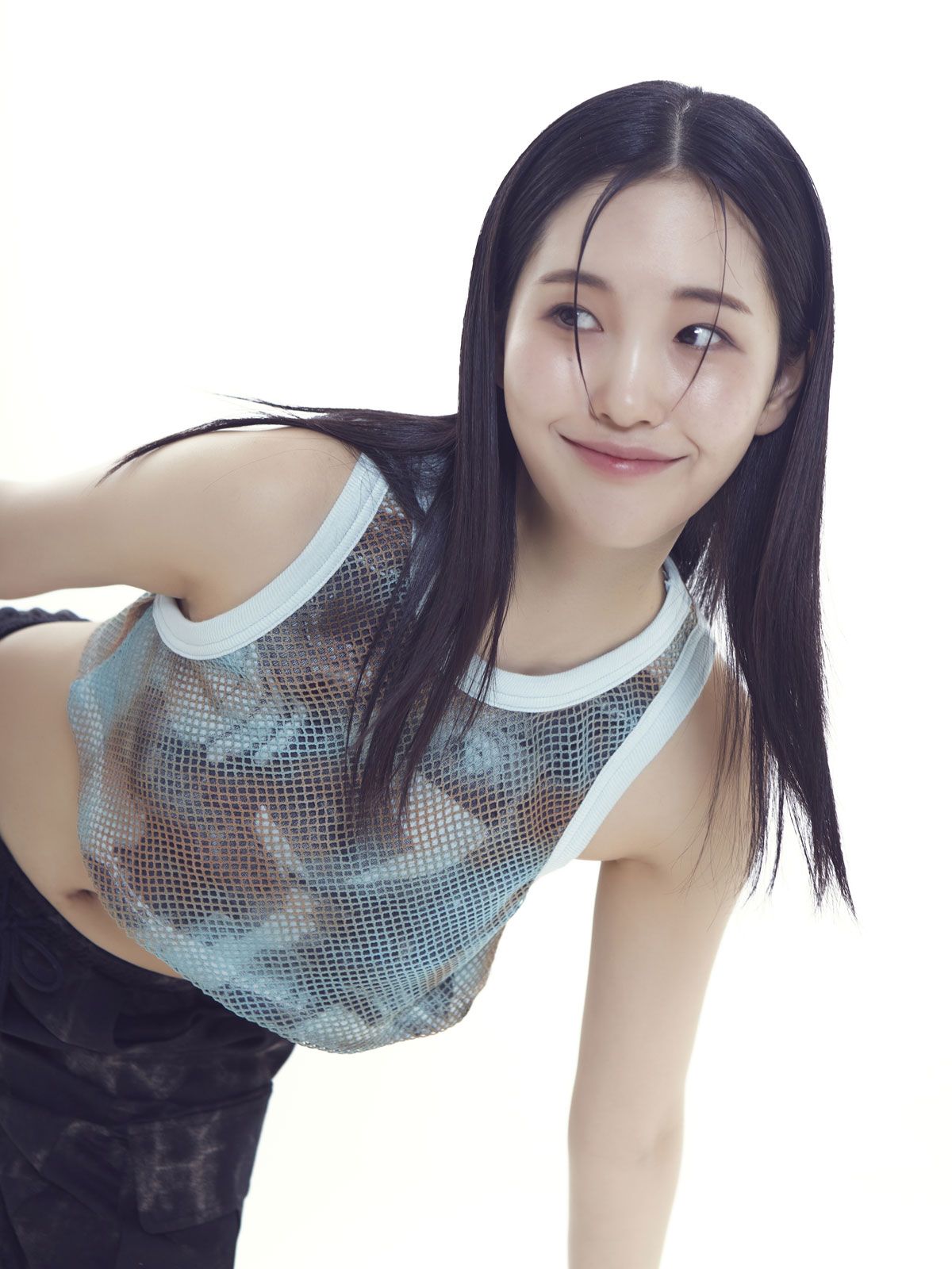 디스코도넛(DISCO DONUT) 그래픽 메쉬 민소매 크롭탑_스카이블루