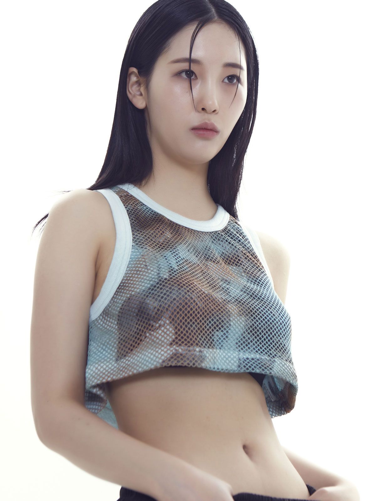 디스코도넛(DISCO DONUT) 그래픽 메쉬 민소매 크롭탑_스카이블루