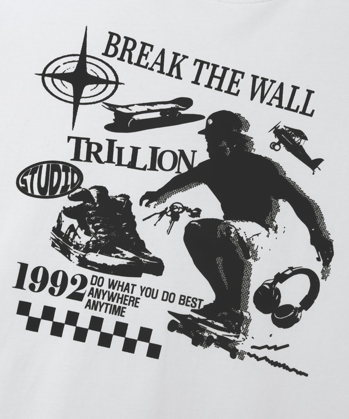 트릴리온(TRILLION) 스케이트보드 피그먼트 그래픽 반팔 티셔츠 (WHITE)