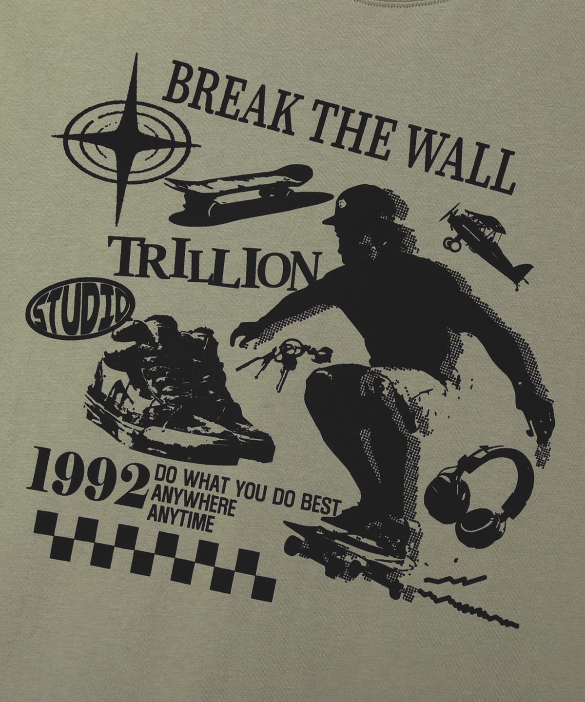 트릴리온(TRILLION) 스케이트보드 피그먼트 그래픽 반팔 티셔츠 (LIGHT KHAKI)
