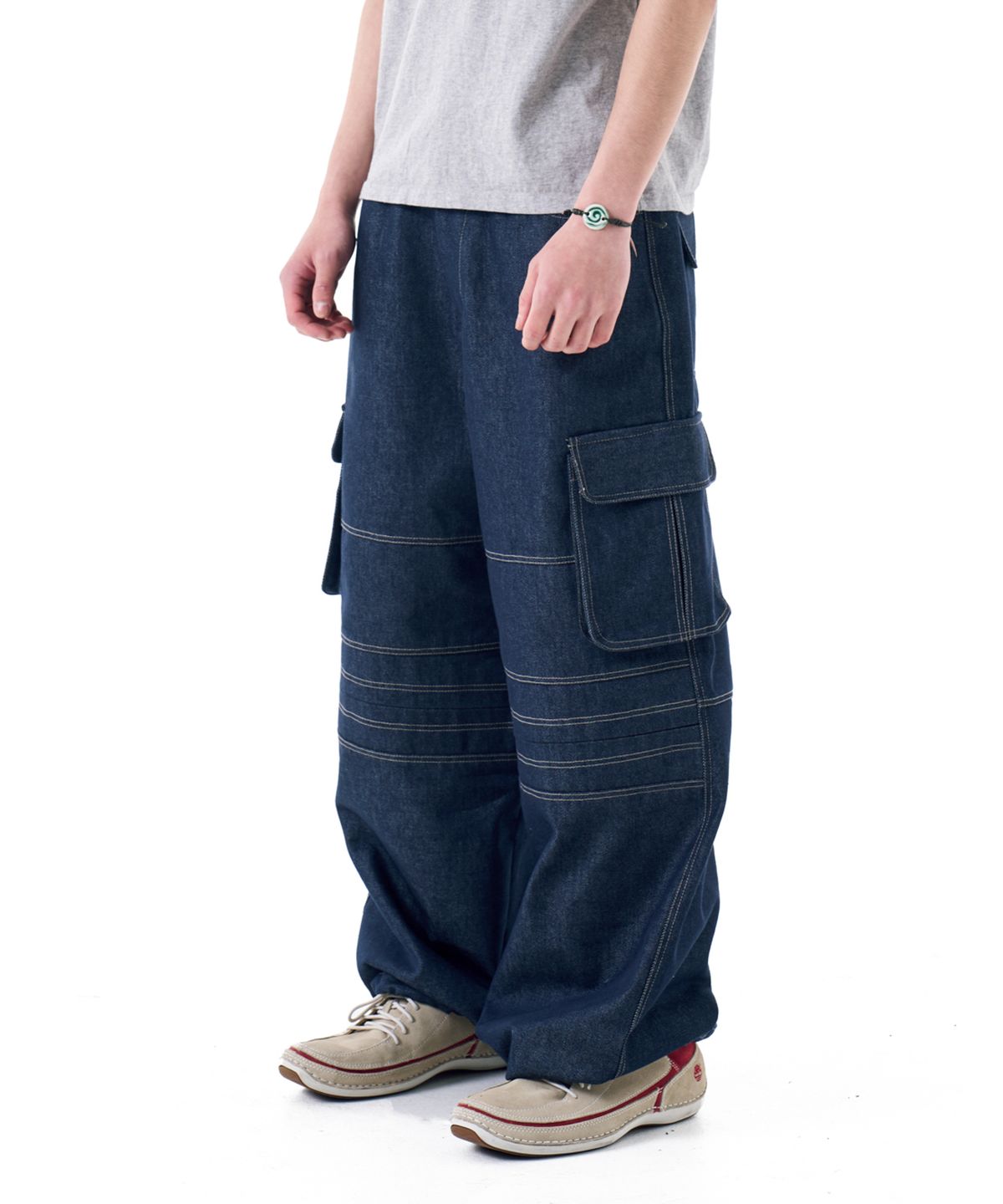 아캄(AAKAM) Stitched Denim Wide Cargo Pants (Blue)