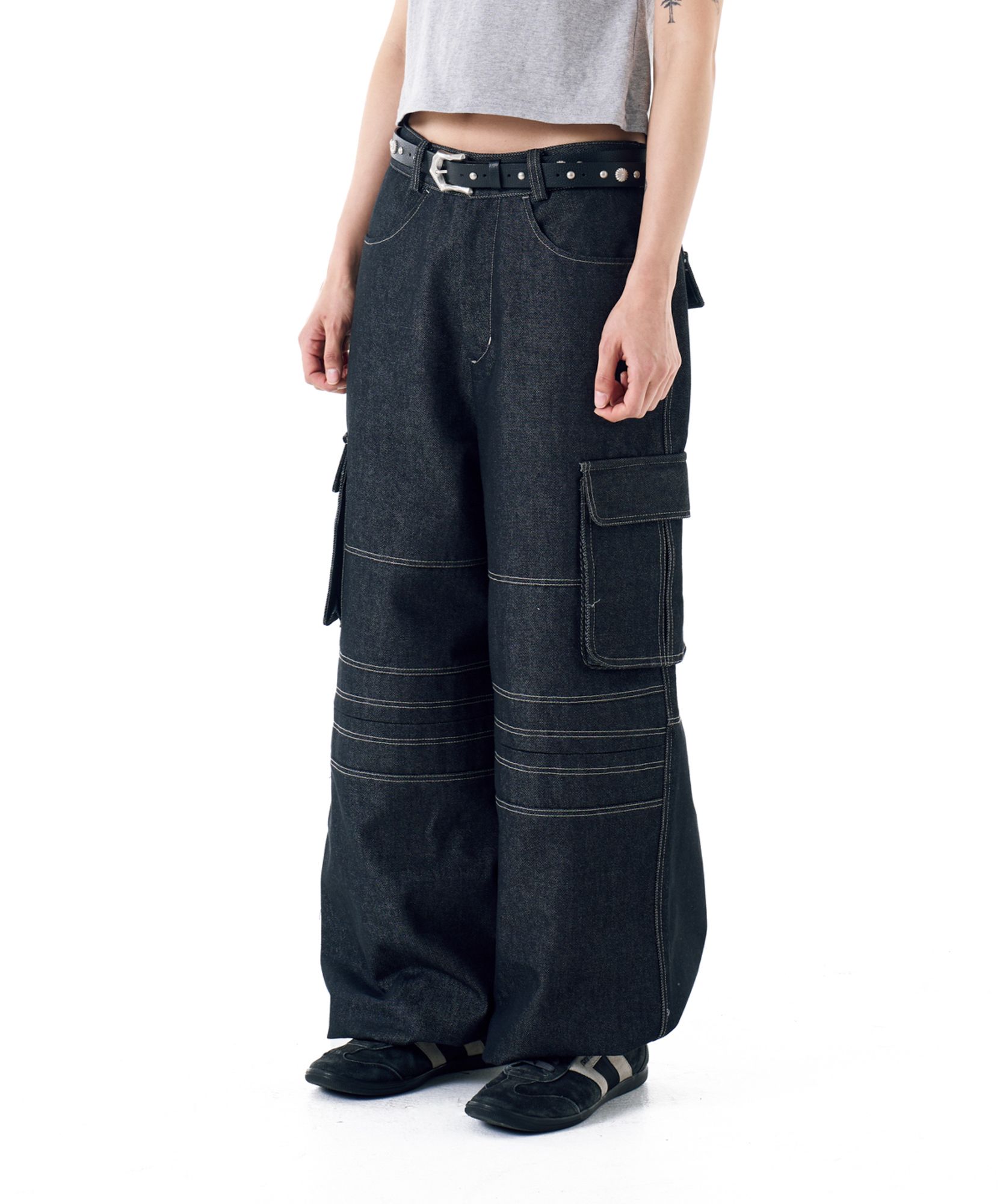 ◆AAKAM◆ Stitched Denim Wide Cargo Pants Black MUSINSA | AAKAM Stitched Denim Wide Cargo Pants (Black)