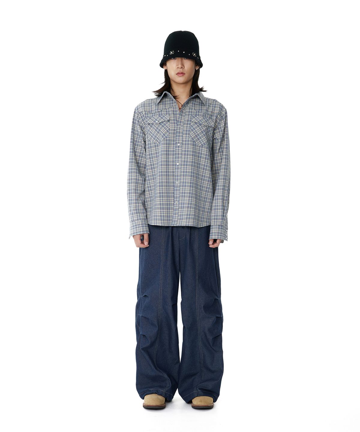 아캄(AAKAM) 98 Printed Knee Pin-tuck Denim Pants (Blue)