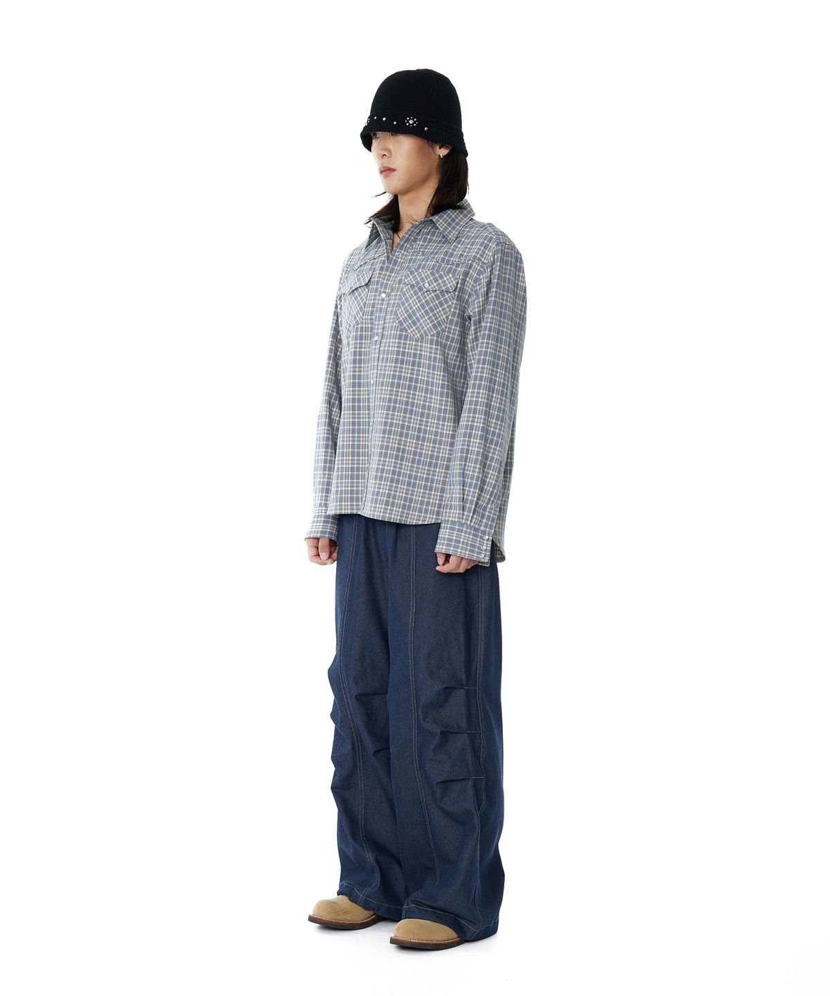 아캄(AAKAM) 98 Printed Knee Pin-tuck Denim Pants (Blue)