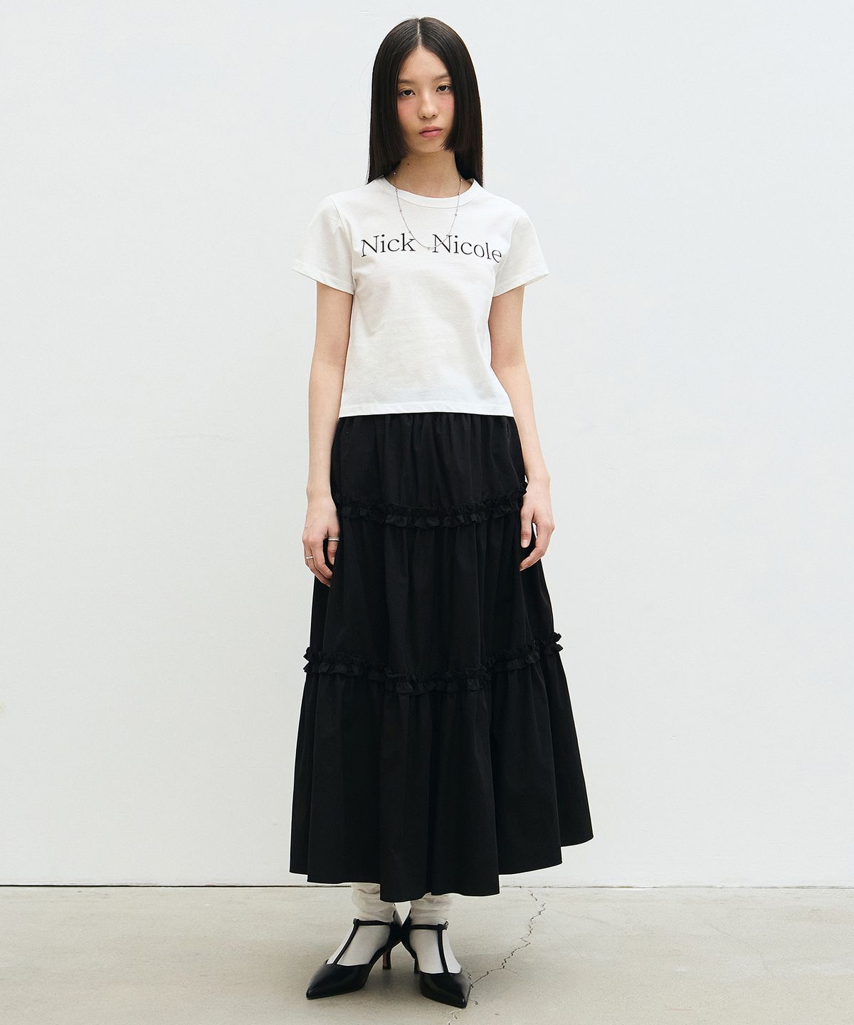 닉앤니콜(NICK&NICOLE) FRILL TIERED LONG SKIRT_BLACK