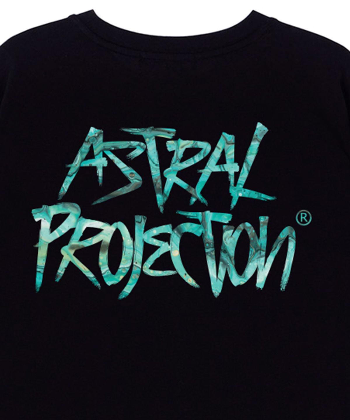 아스트랄 프로젝션(ASTRAL PROJECTION) 터콰이즈 그래피티 레터링 수피마 코튼 라운드 넥 반팔 티셔츠_블랙