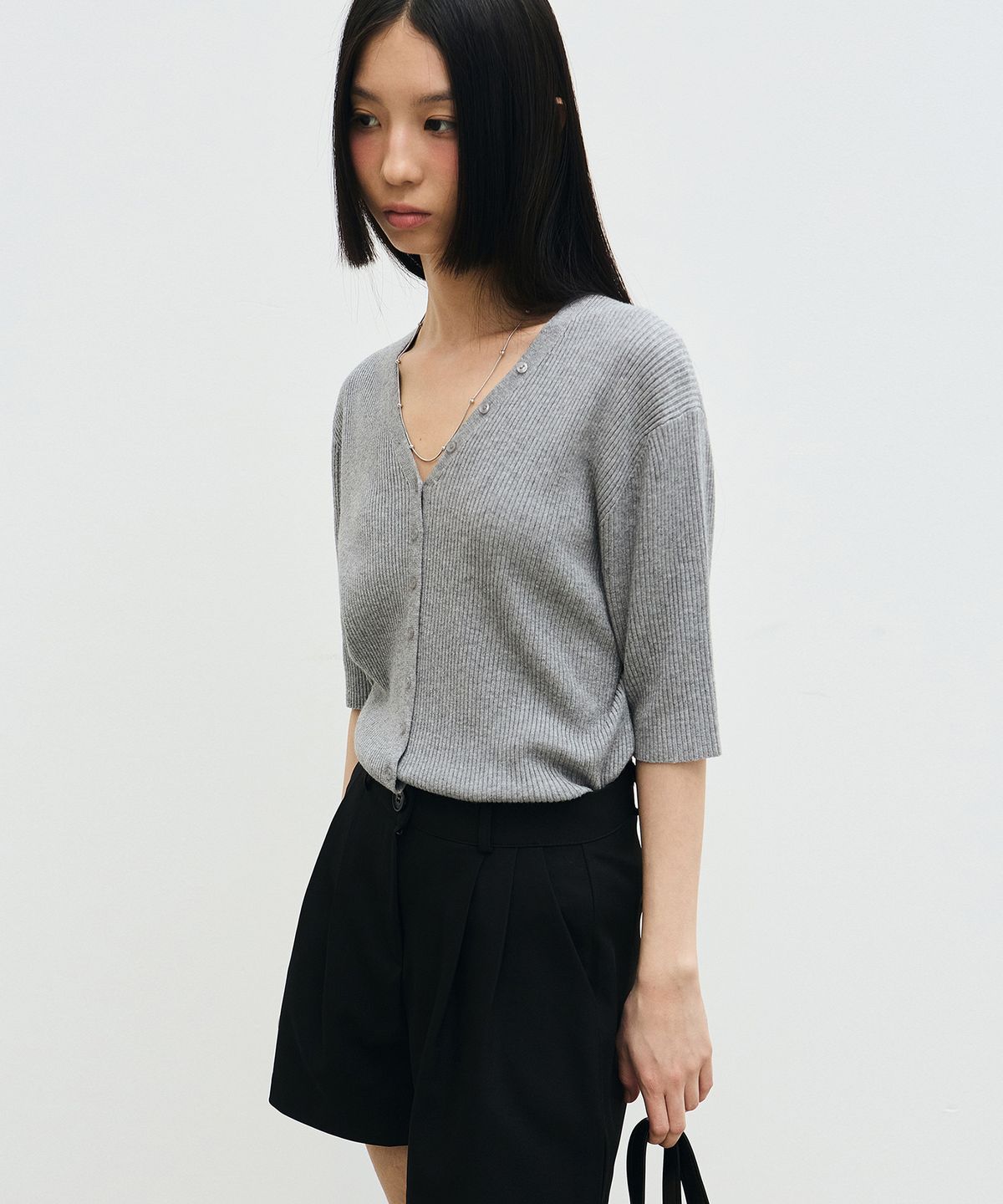 닉앤니콜(NICK&NICOLE) BUTTON SLIM KNIT HALF CARDIGAN_GRAY