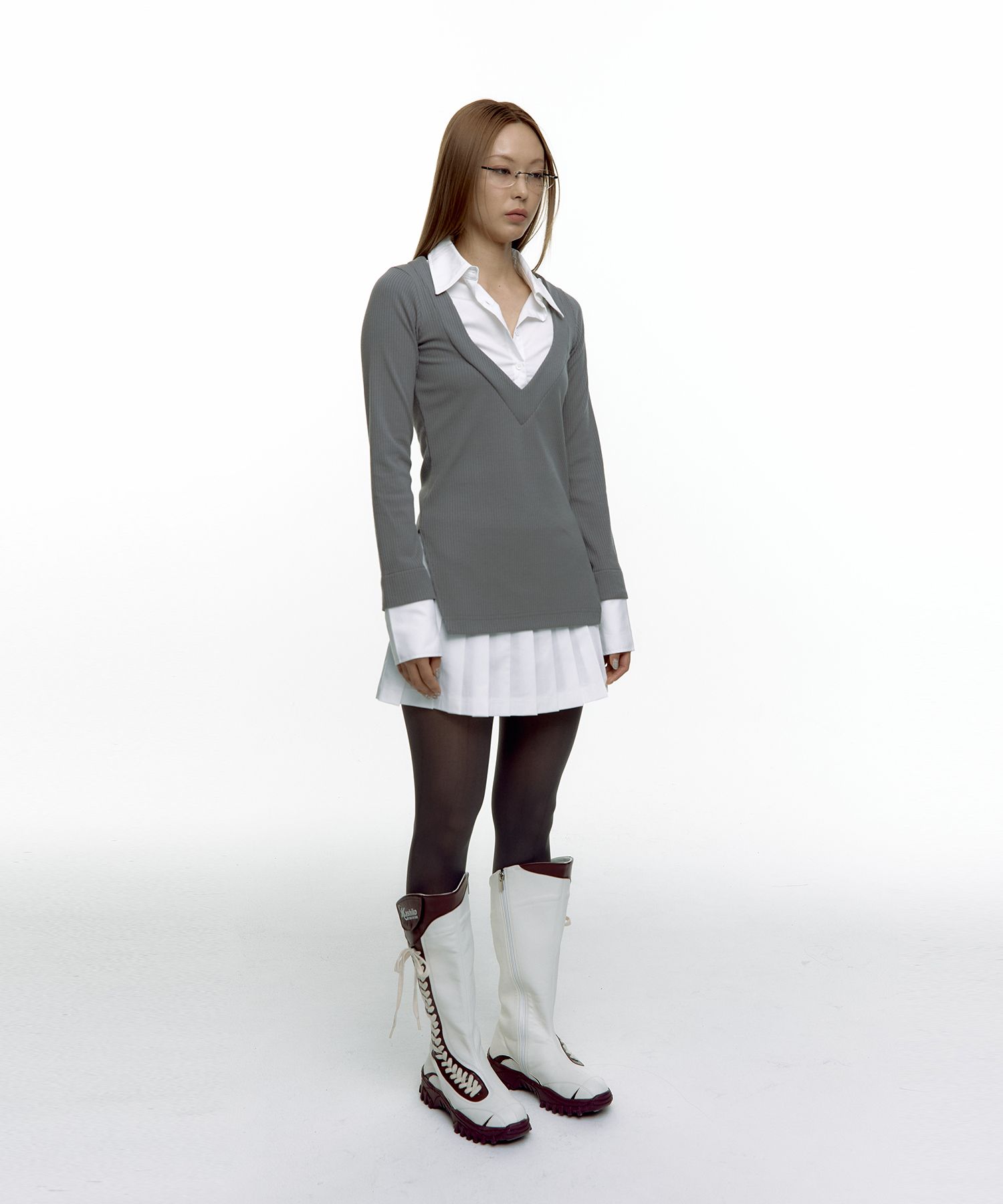 【Kashiko】Shirts Layered Knit Skirt Set MUSINSA | KASHIKO Shirts Layered Knit Skirt Set