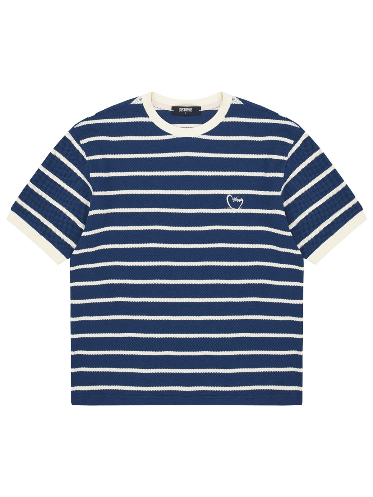 커스텀어스(CUSTOMUS) 선염스트라이프 하트로고자수 라운드 반팔티셔츠 CXS24MKRT414 BLU
