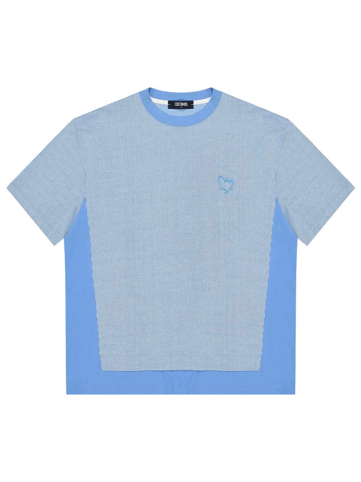 커스텀어스(CUSTOMUS) 선염스트라이프 배색레이어드 라운드 반팔티셔츠 CXS24MKRT505 BLU