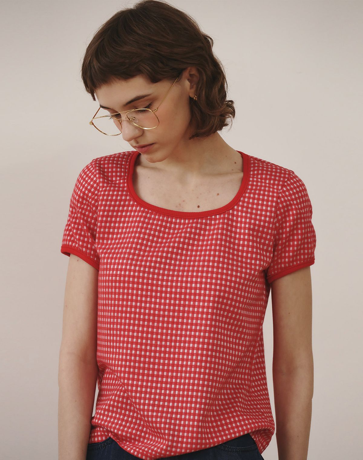 지에마르(GIEMAR) SQUARE NECK CHECK TEE RED/BLACK/BLUE