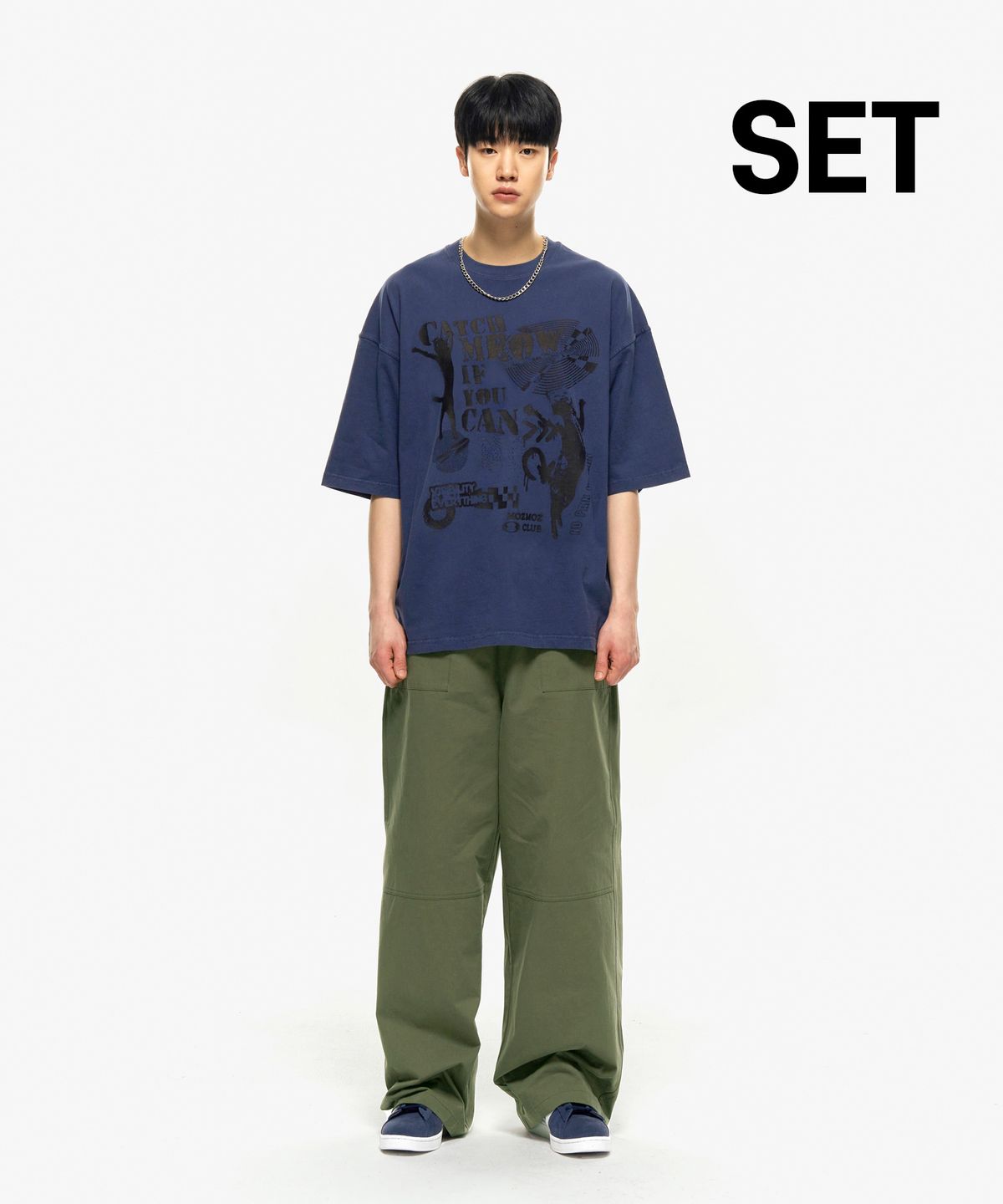 모즈모즈(MOZMOZ) [SET] 상하세트 댄싱캣 피그먼트 오버핏반팔 + 아웃포켓 밴딩 와이드팬츠