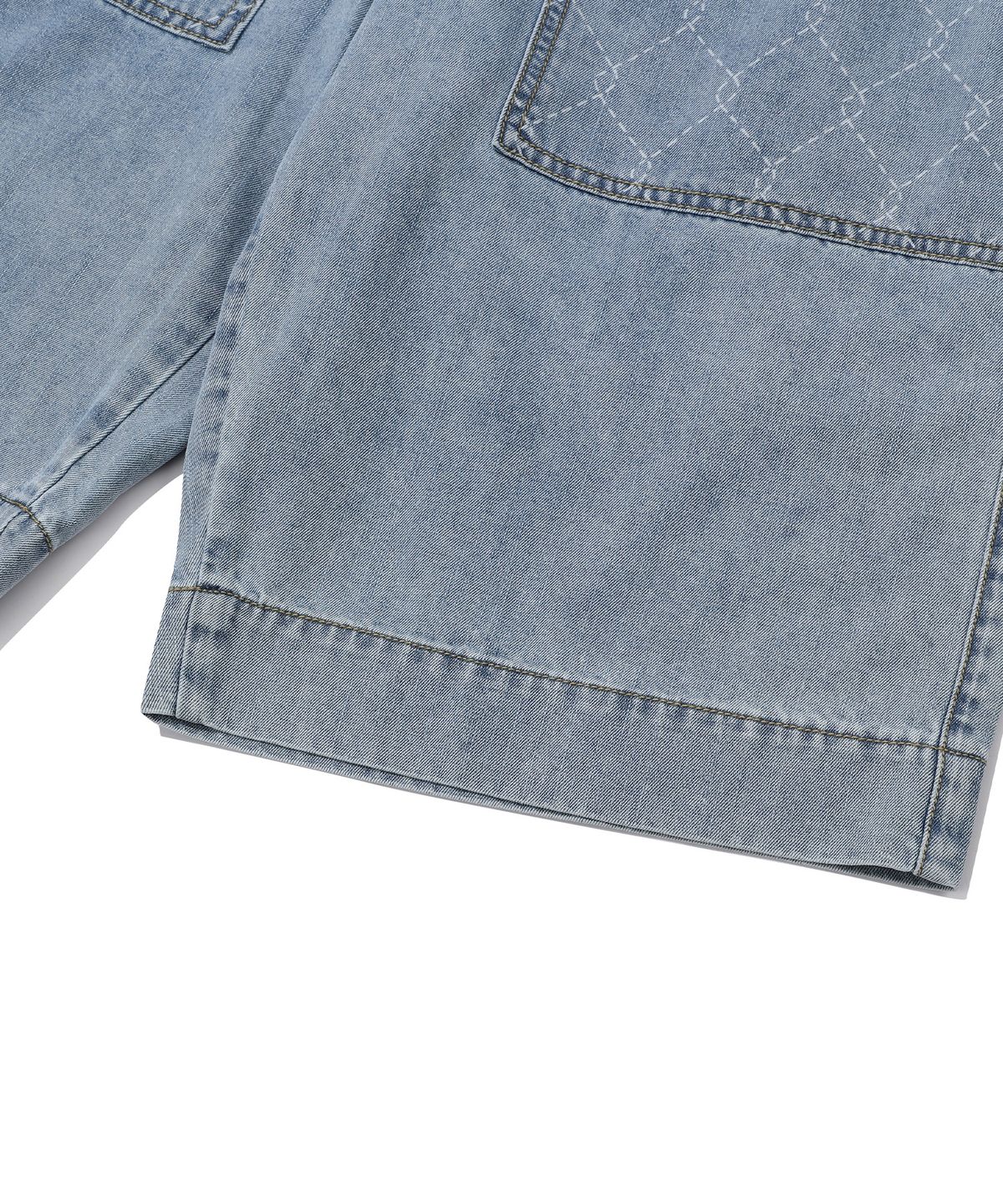 빈트릴 뉴욕(BEENTRILL NEWYORK) [BEENTRILL X BROOKLYNDENIM] 철조망 스티치 데님 오버핏 쇼츠(라이트 블루)