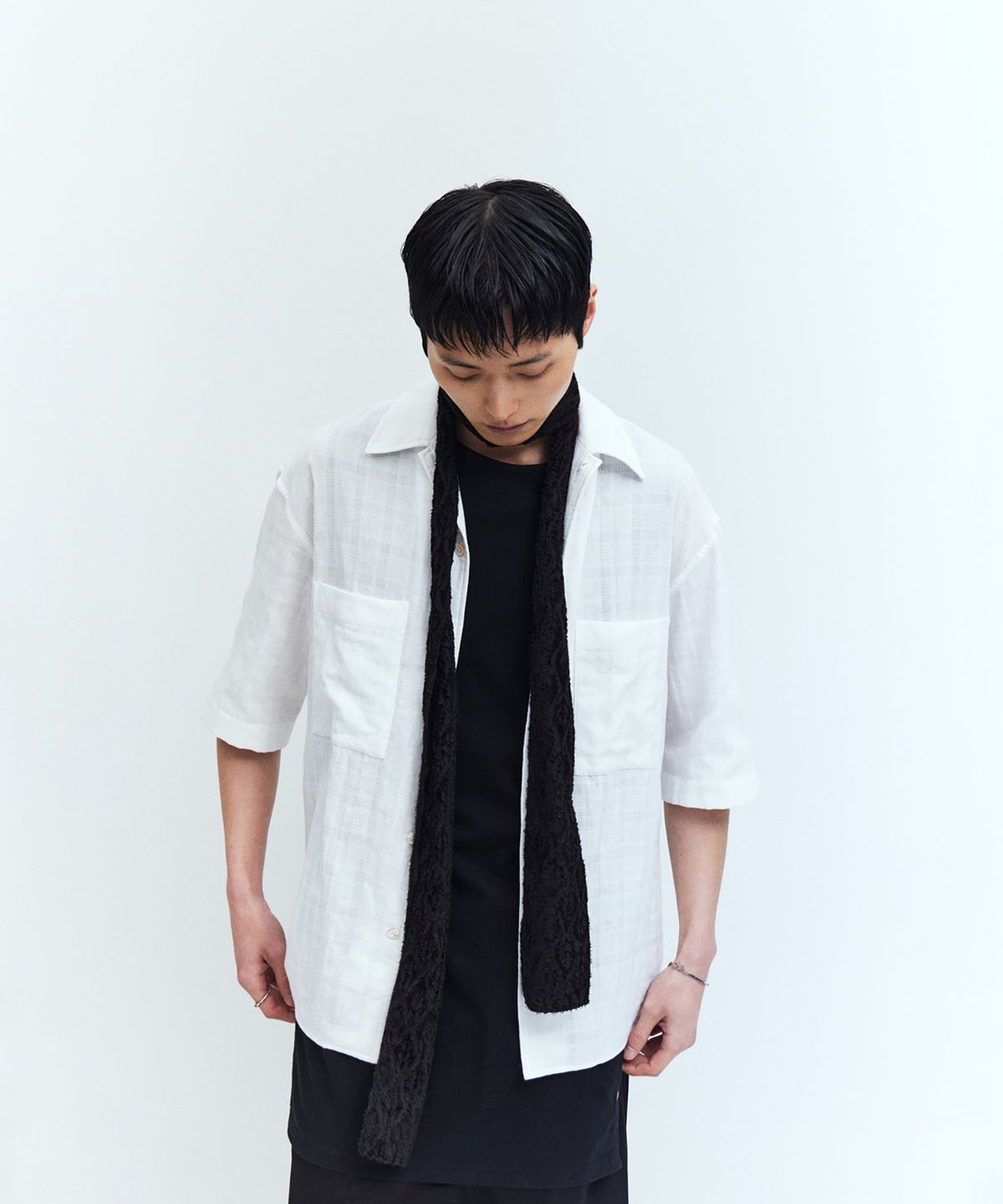 유스(YOUTH) Convertible Collar Half Shirt - White Check