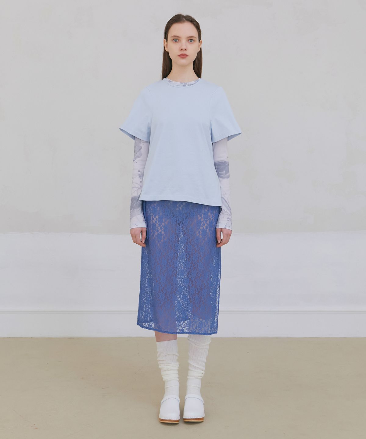 포에브(POEV) Floral Lace Layered Skirt - Dusty Blue