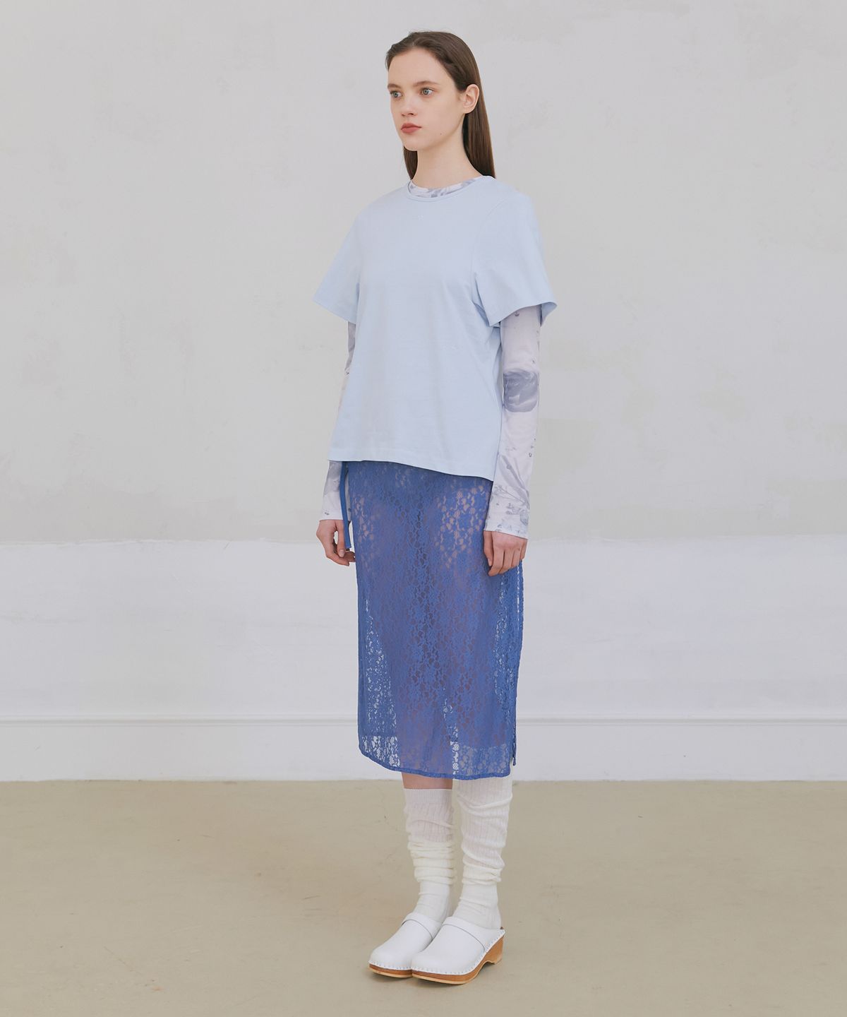 포에브(POEV) Floral Lace Layered Skirt - Dusty Blue