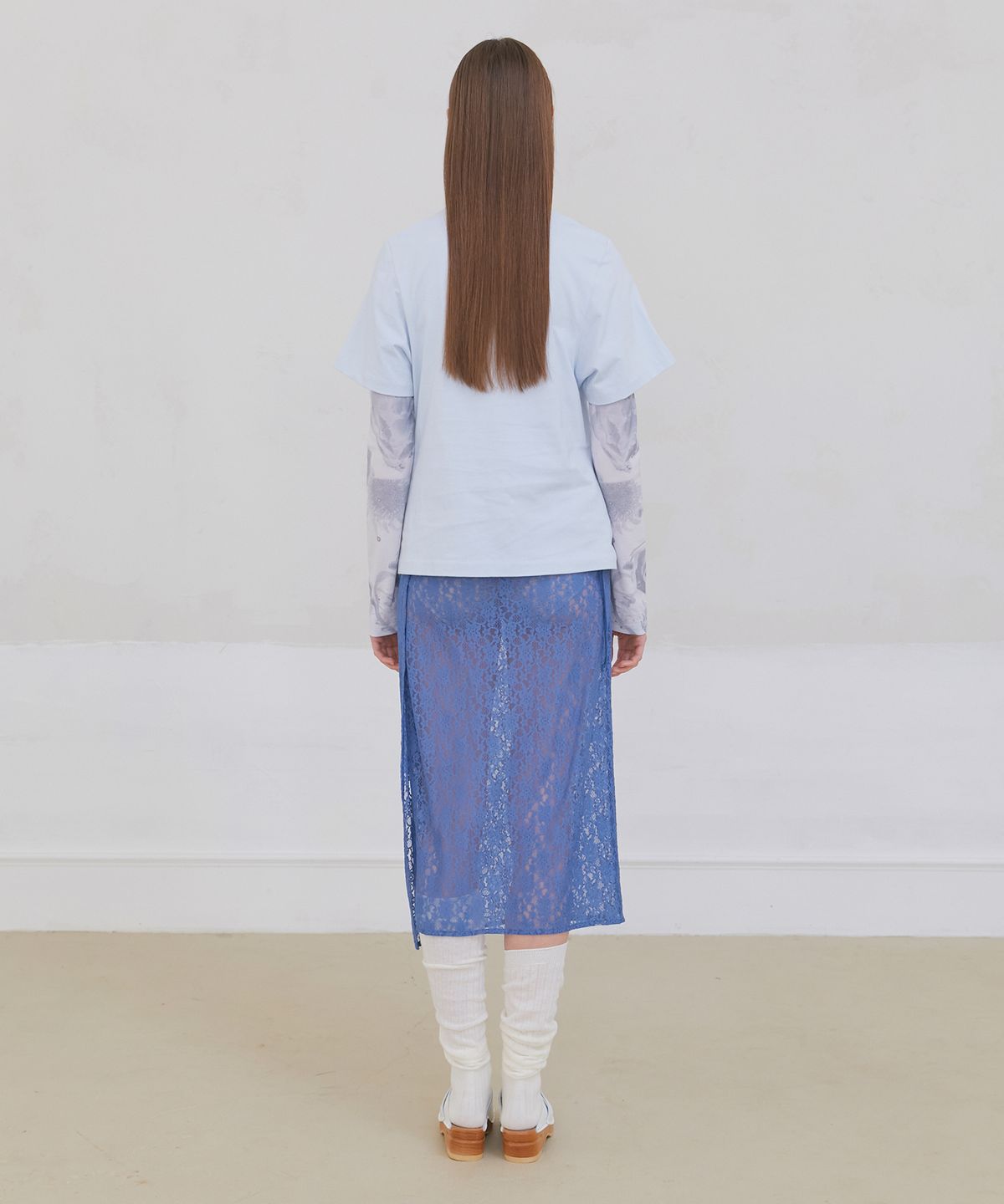 포에브(POEV) Floral Lace Layered Skirt - Dusty Blue