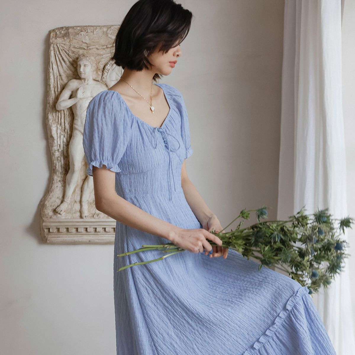 랭썬(LANGSON) LS_Shirring puff sleeve long dress