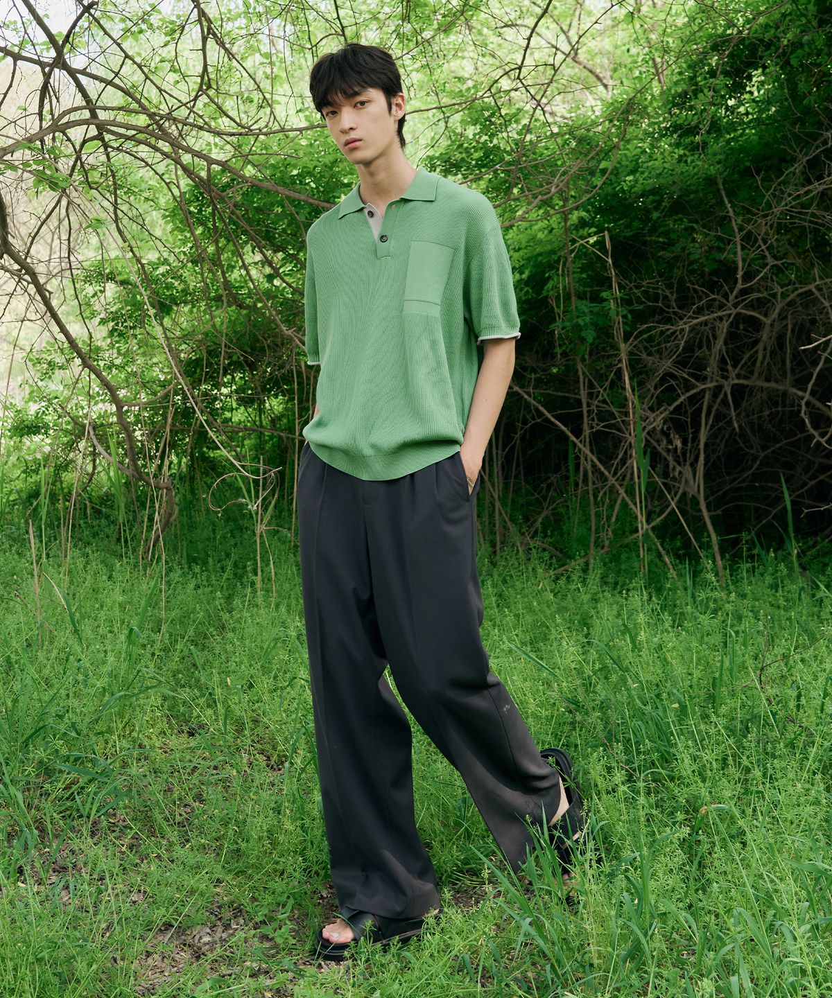 드로우핏(DRAW FIT) 콘트라스트 블록 반팔 니트 [PISTACHIO GREEN]