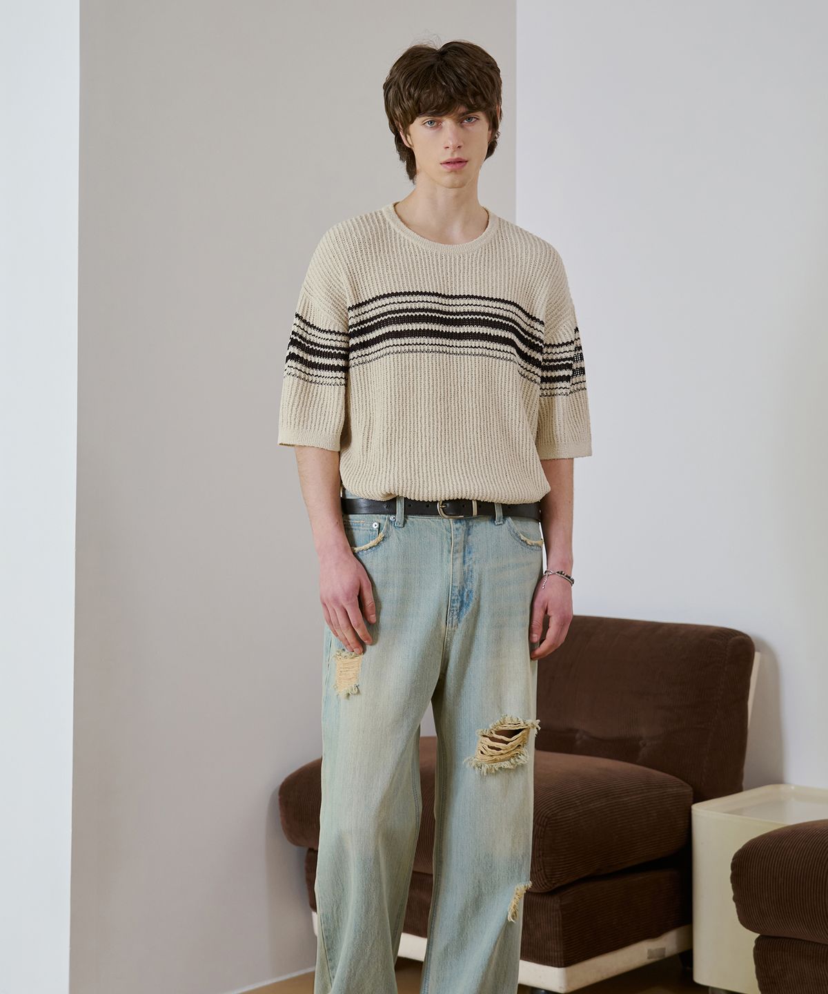 드로우핏(DRAW FIT) 부클 엣지 스트라이프 하프 니트 [CREAM]