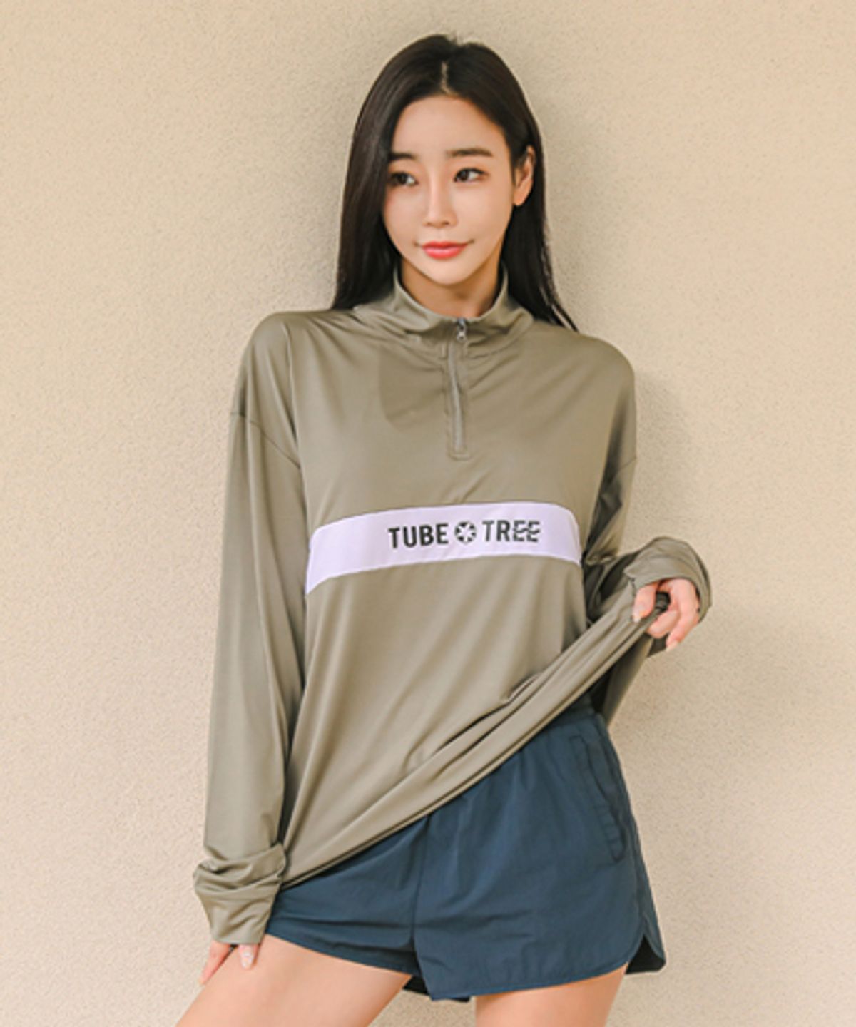 튜브트리(TUBE TREE) 여성용 루즈핏 아노락 반집업 래쉬가드 B722 올리브카키